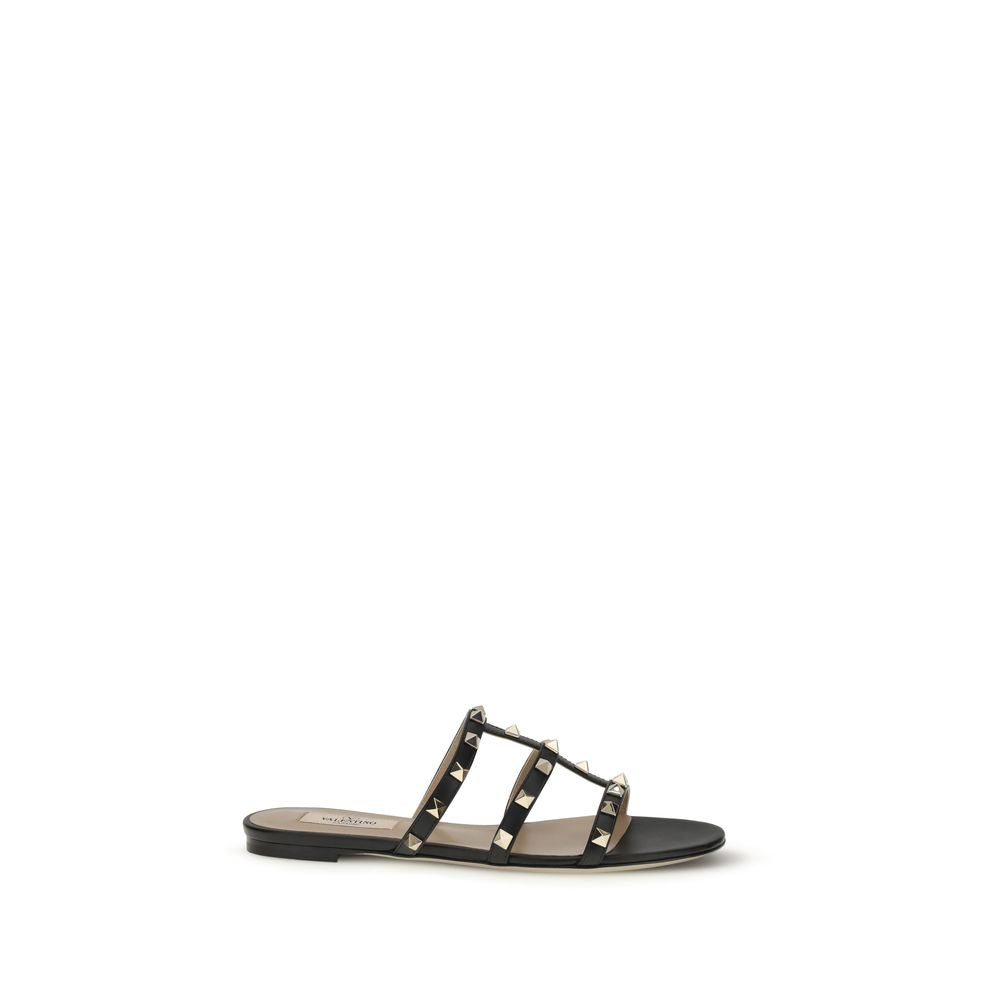 Valentino Garavani Black Calf Leather Bos Taurus Flat Sandals - Luxe Nova