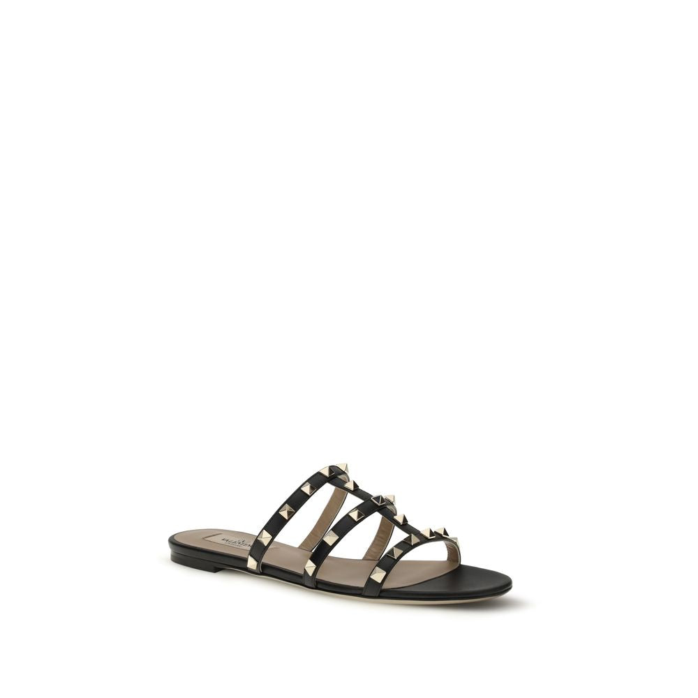 Valentino Garavani Black Calf Leather Bos Taurus Flat Sandals - Luxe Nova