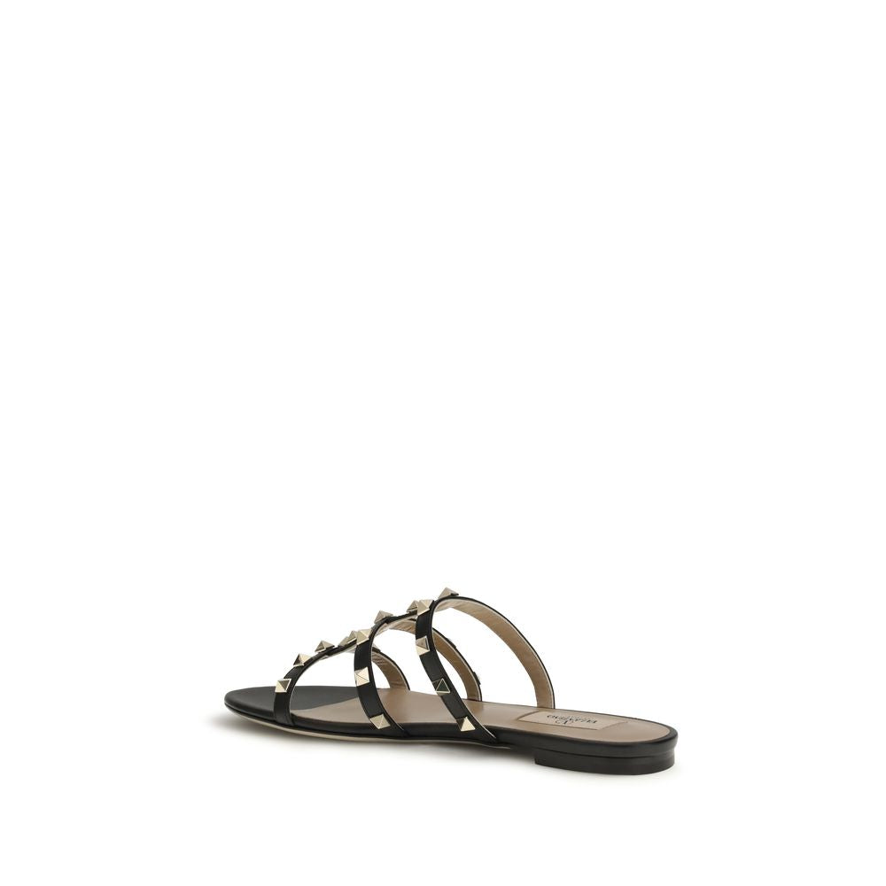 Valentino Garavani Black Calf Leather Bos Taurus Flat Sandals - Luxe Nova