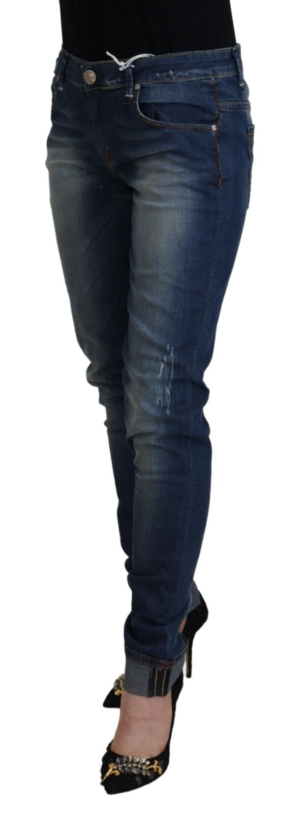 Acht Blue Washed Cotton Slim Fit Women Denim Pants Jeans