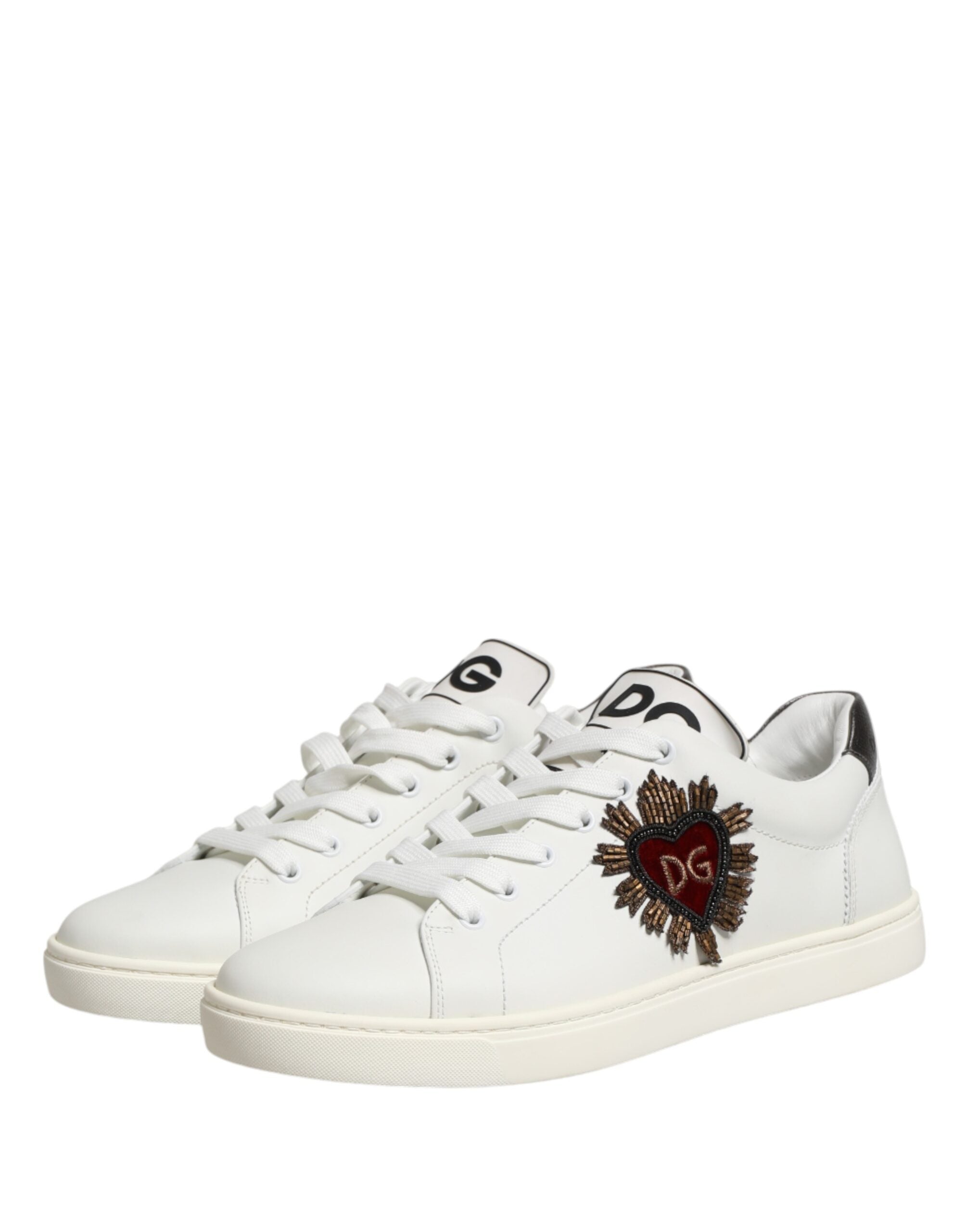 Dolce & Gabbana White Leather Sacred Heart Patch Sneakers Shoes - Luxe Nova
