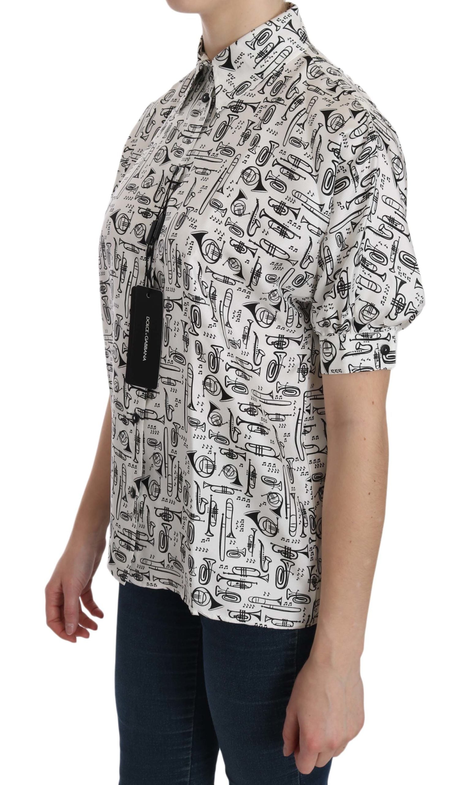 Dolce & Gabbana White Musical Instrument Collared Blouse  Shirt - Luxe Nova