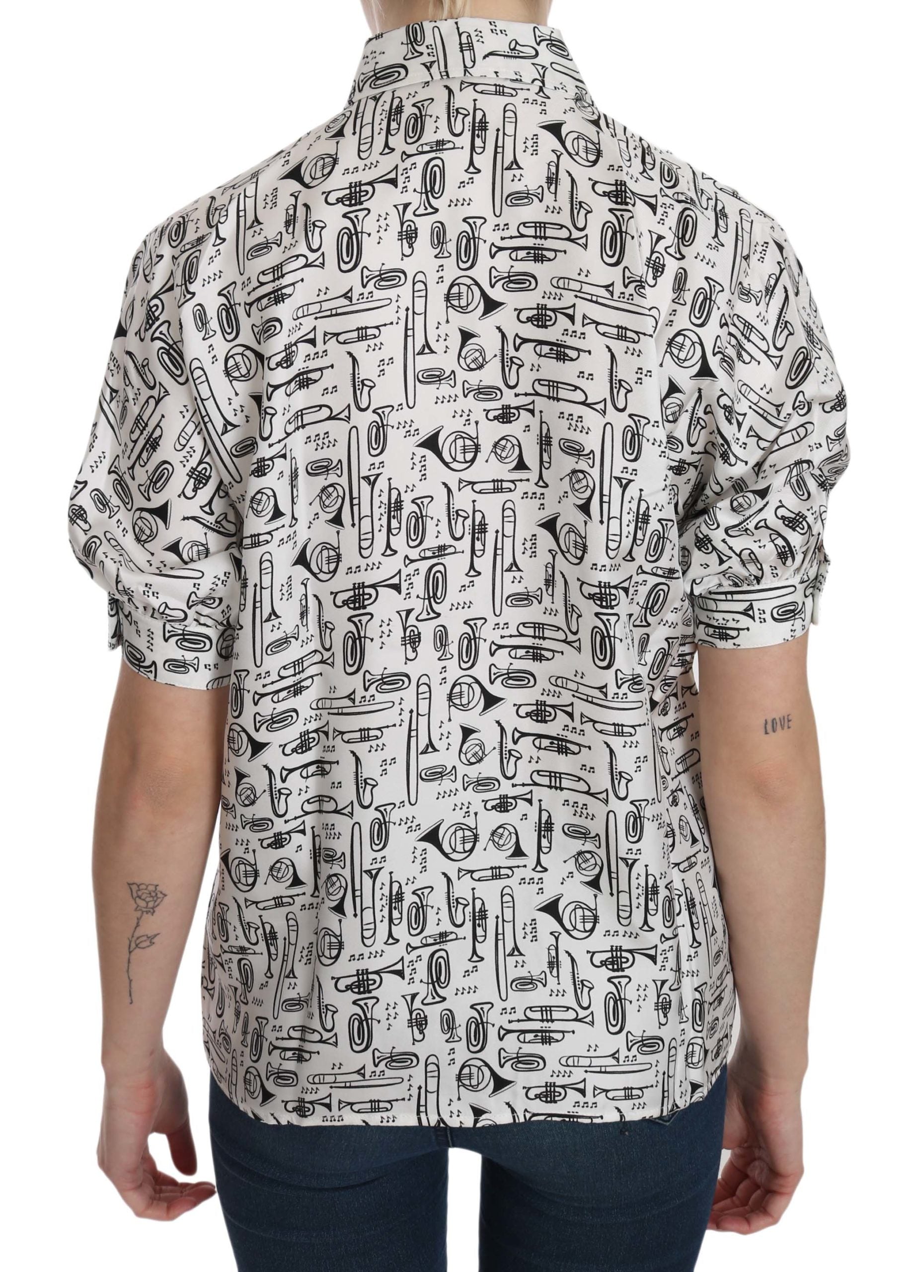 Dolce & Gabbana White Musical Instrument Collared Blouse  Shirt - Luxe Nova