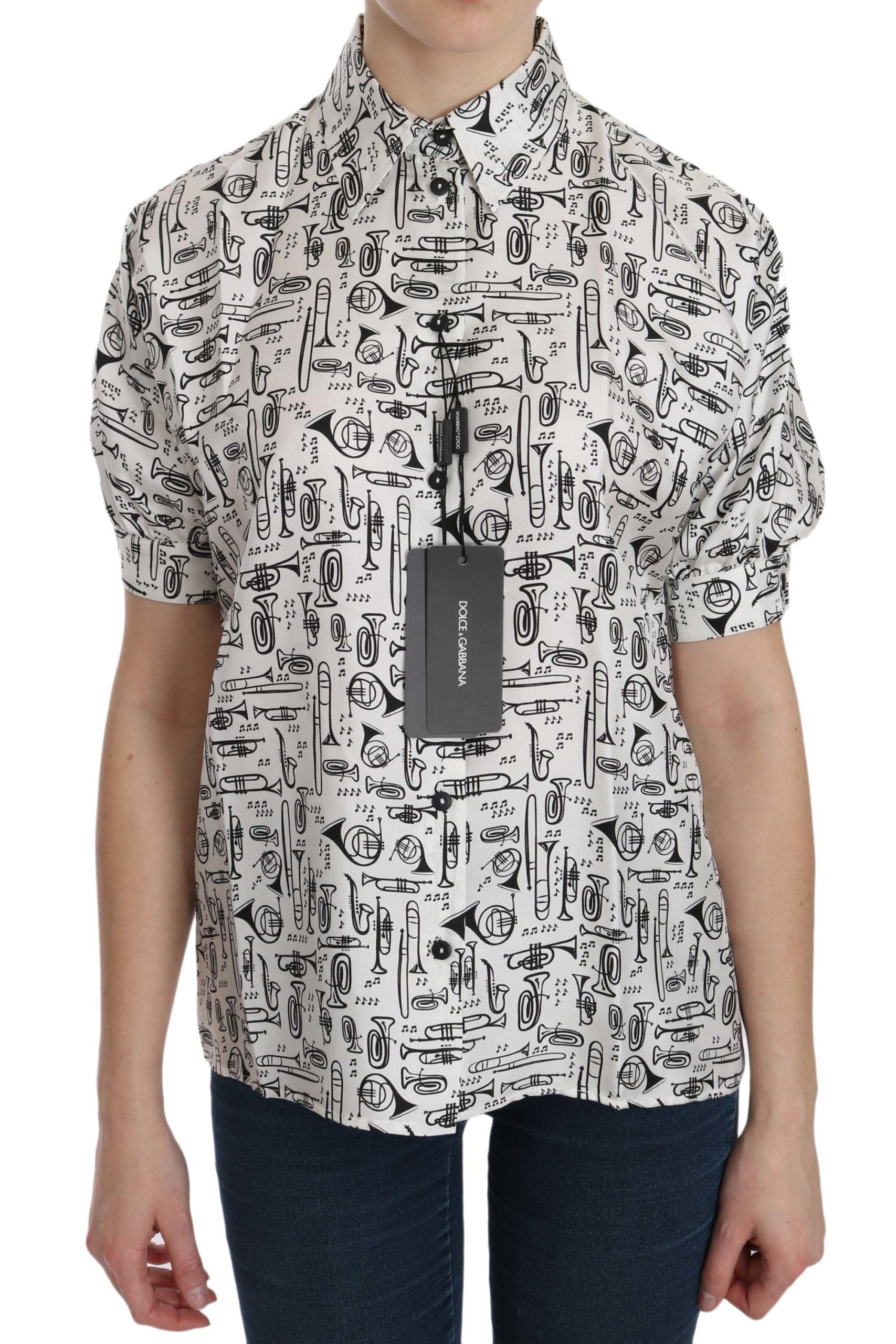 Dolce & Gabbana White Musical Instrument Collared Blouse  Shirt - Luxe Nova