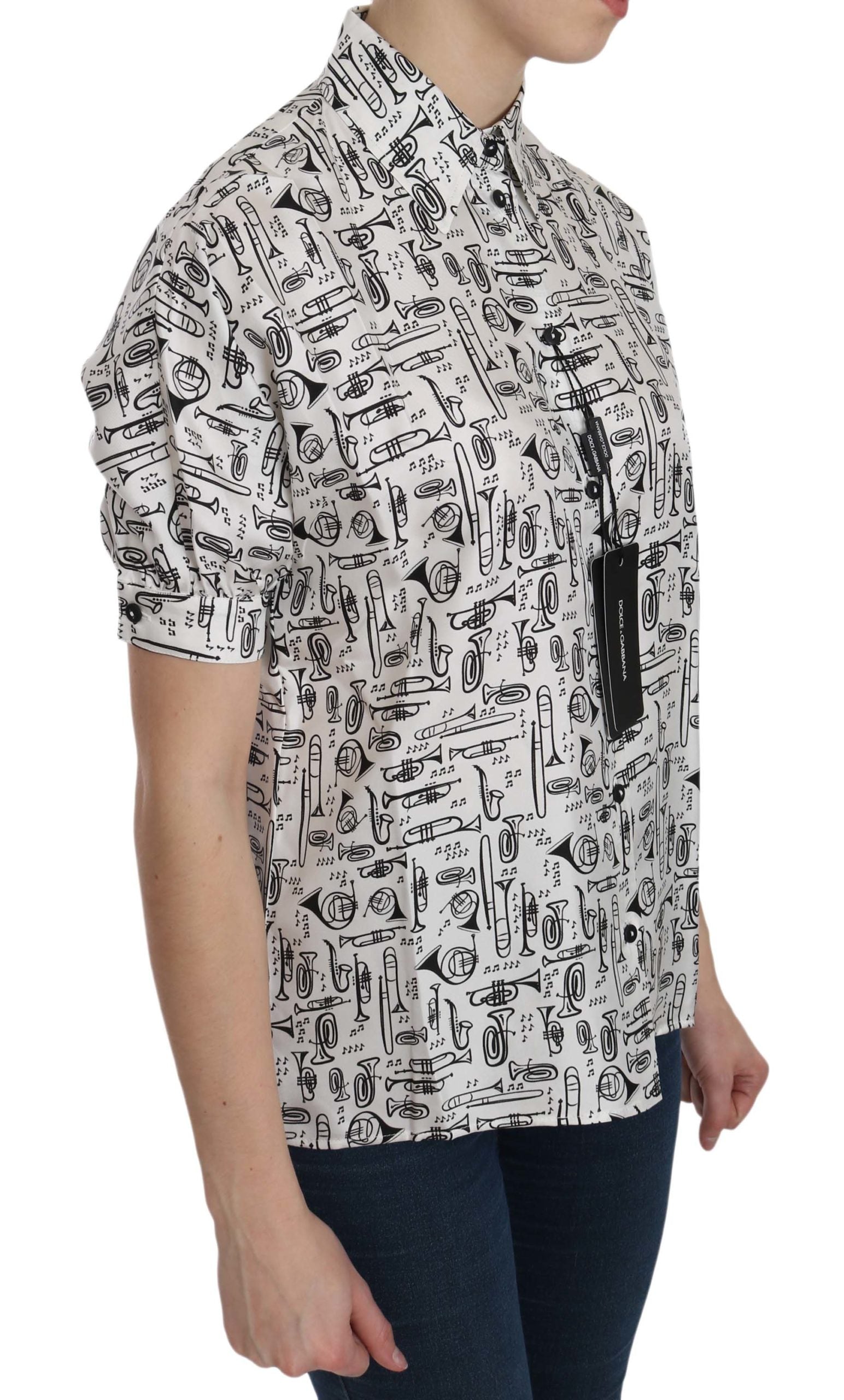 Dolce & Gabbana White Musical Instrument Collared Blouse  Shirt - Luxe Nova