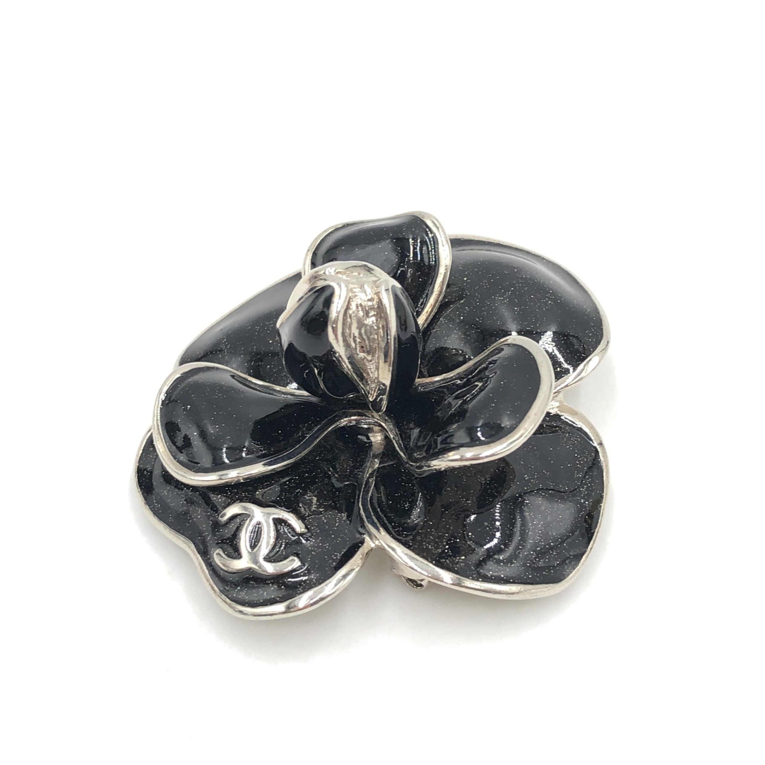 Chanel Black Enamel Flower Brooch With Silver-Tone