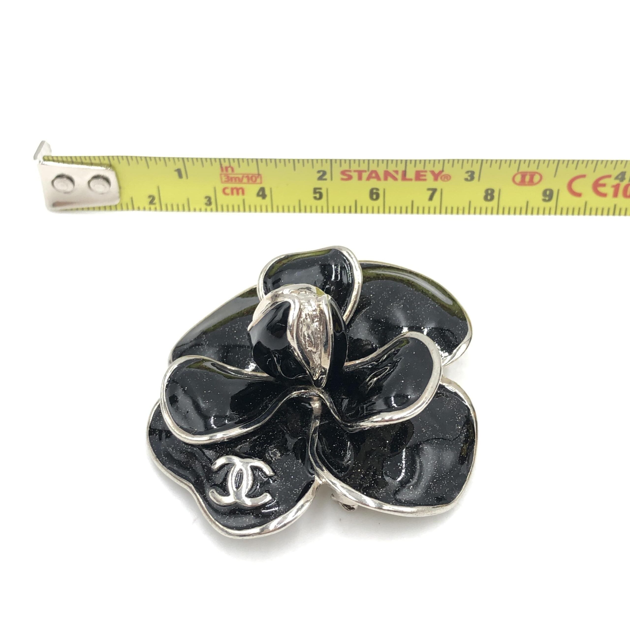Chanel Black Enamel Flower Brooch With Silver-Tone