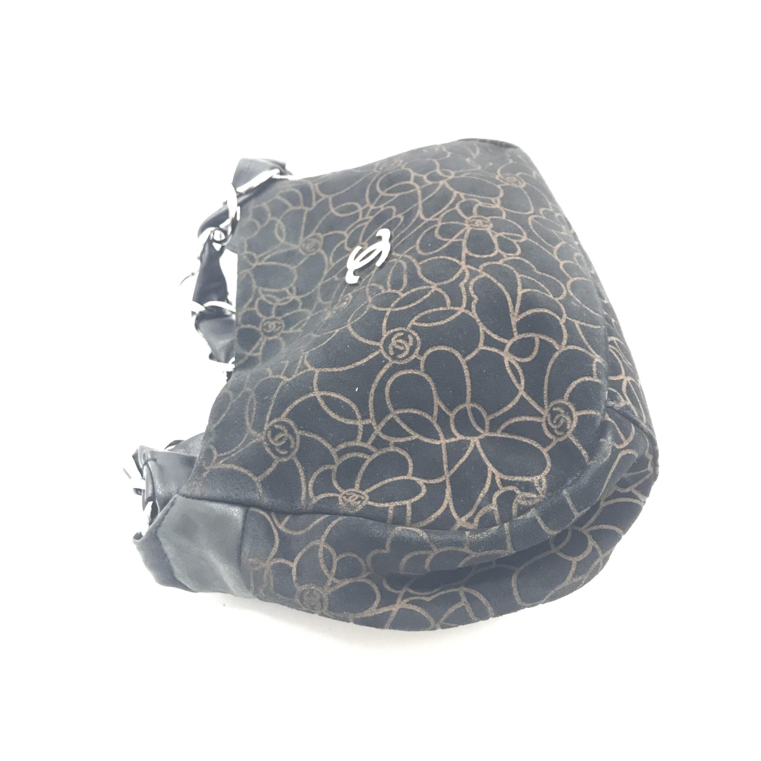 Chanel Camellia Chain Black Suede Shoulder Bag With Logo