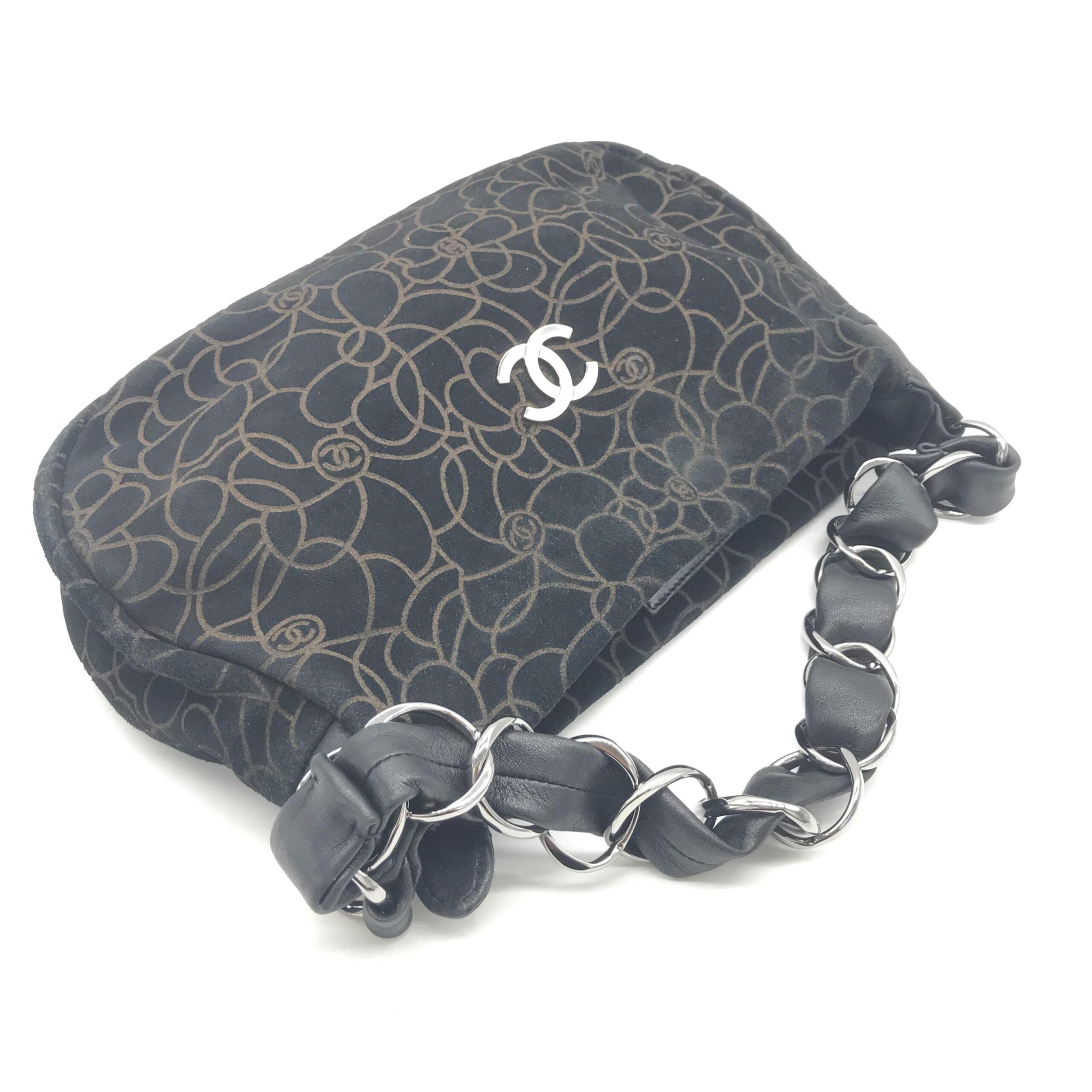 Chanel Camellia Chain Black Suede Shoulder Bag With Logo