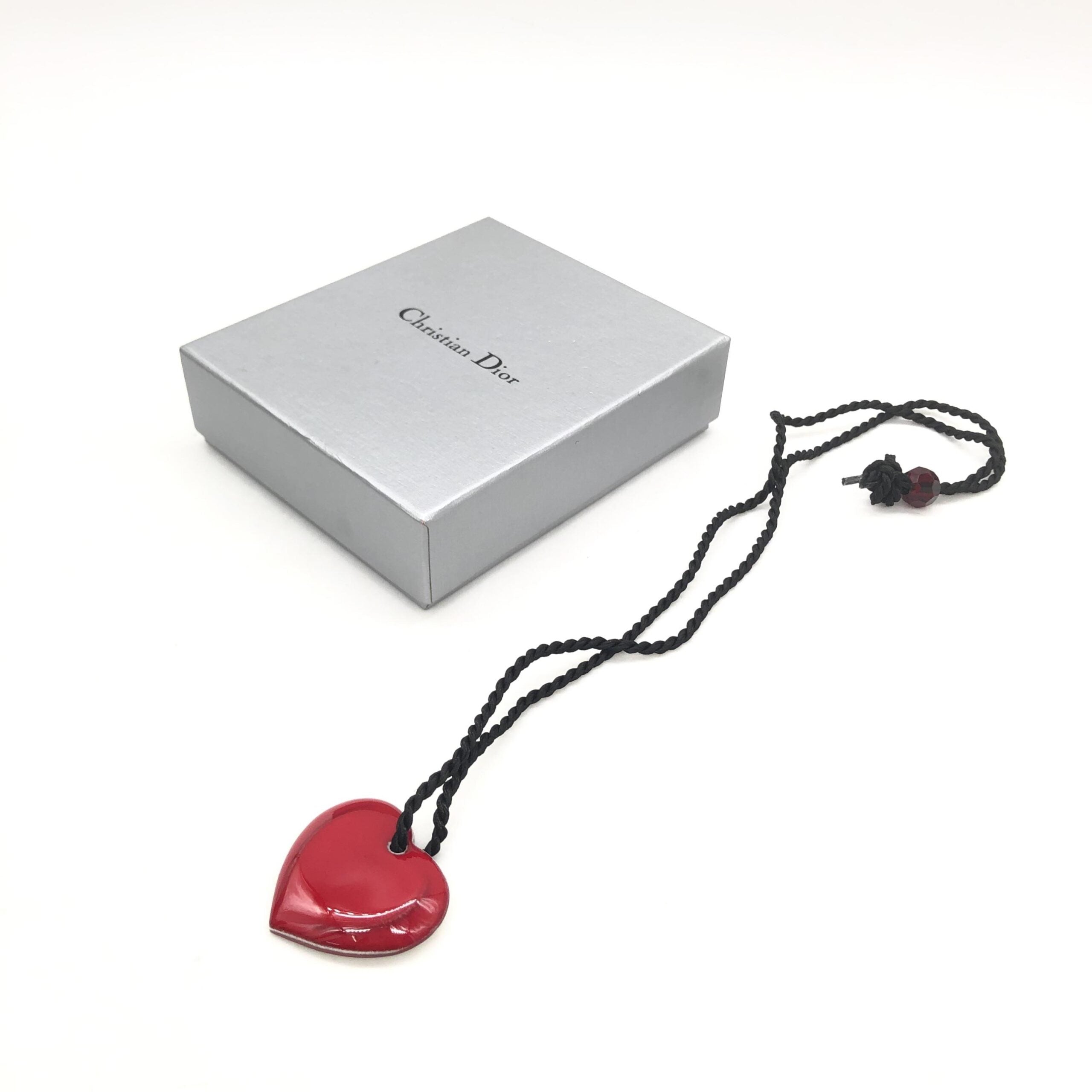 Christian Dior Red Heart Pendant Necklace With Braided String