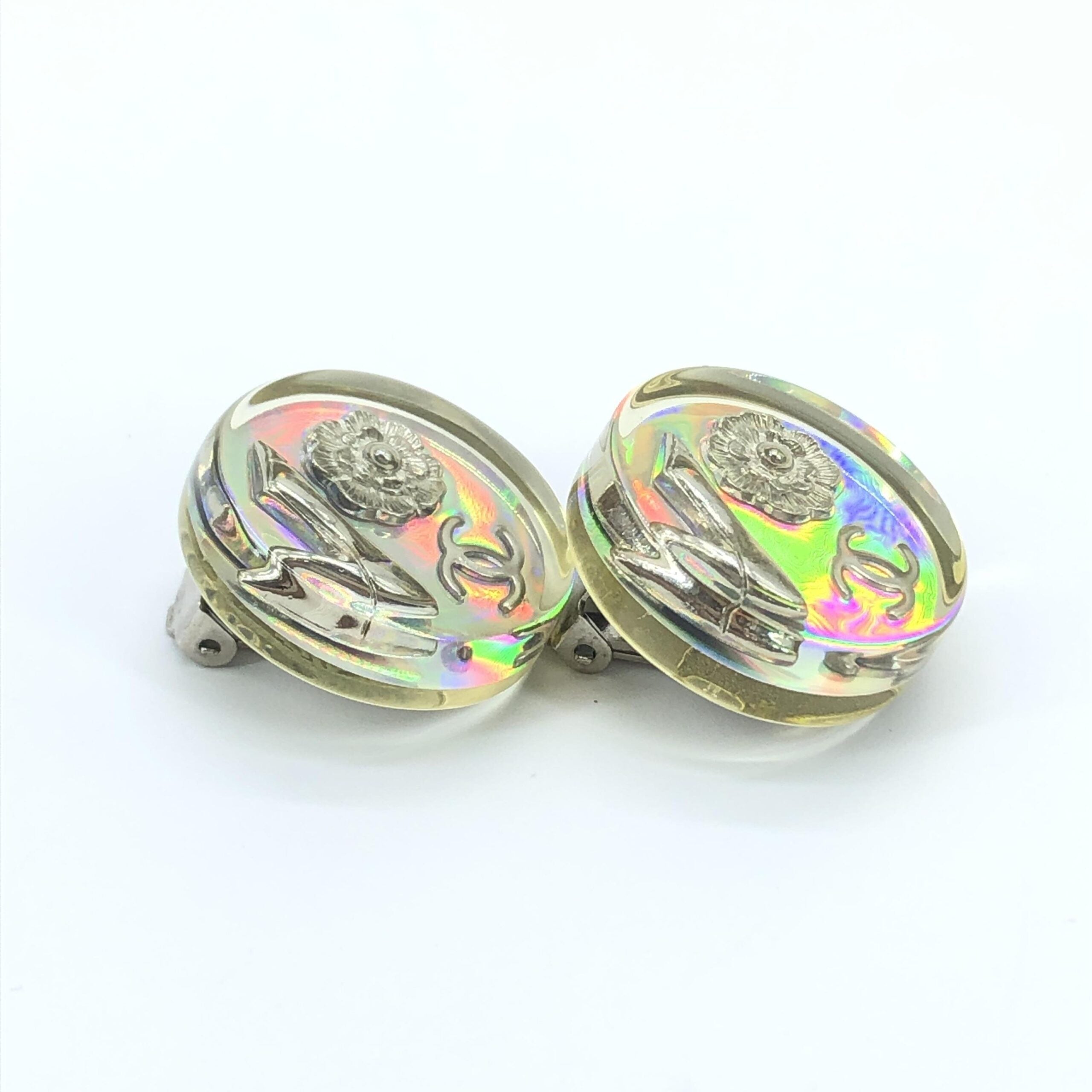 Chanel Vintage Holographic Logo Clip-On Earrings