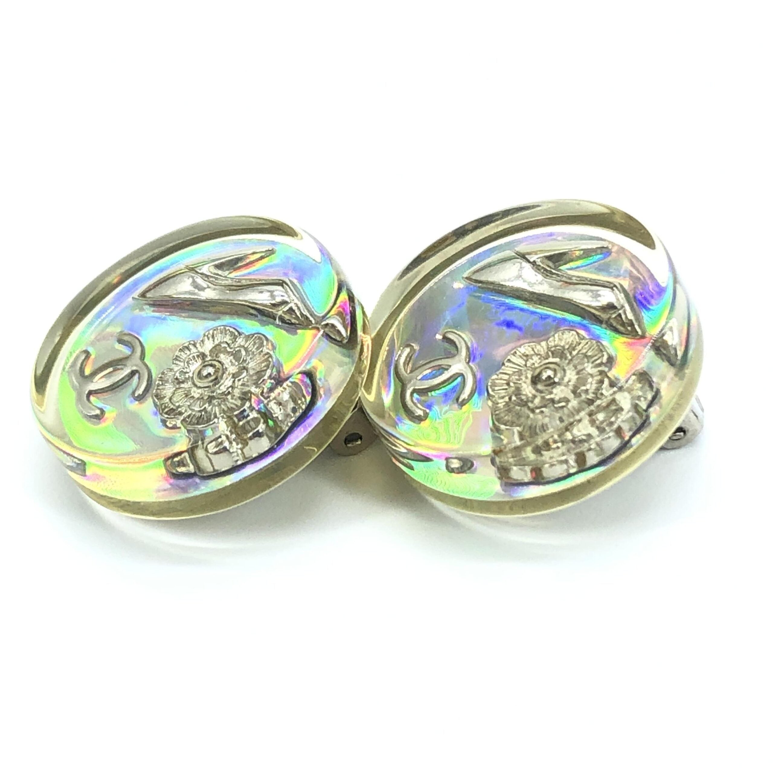 Chanel Vintage Holographic Logo Clip-On Earrings