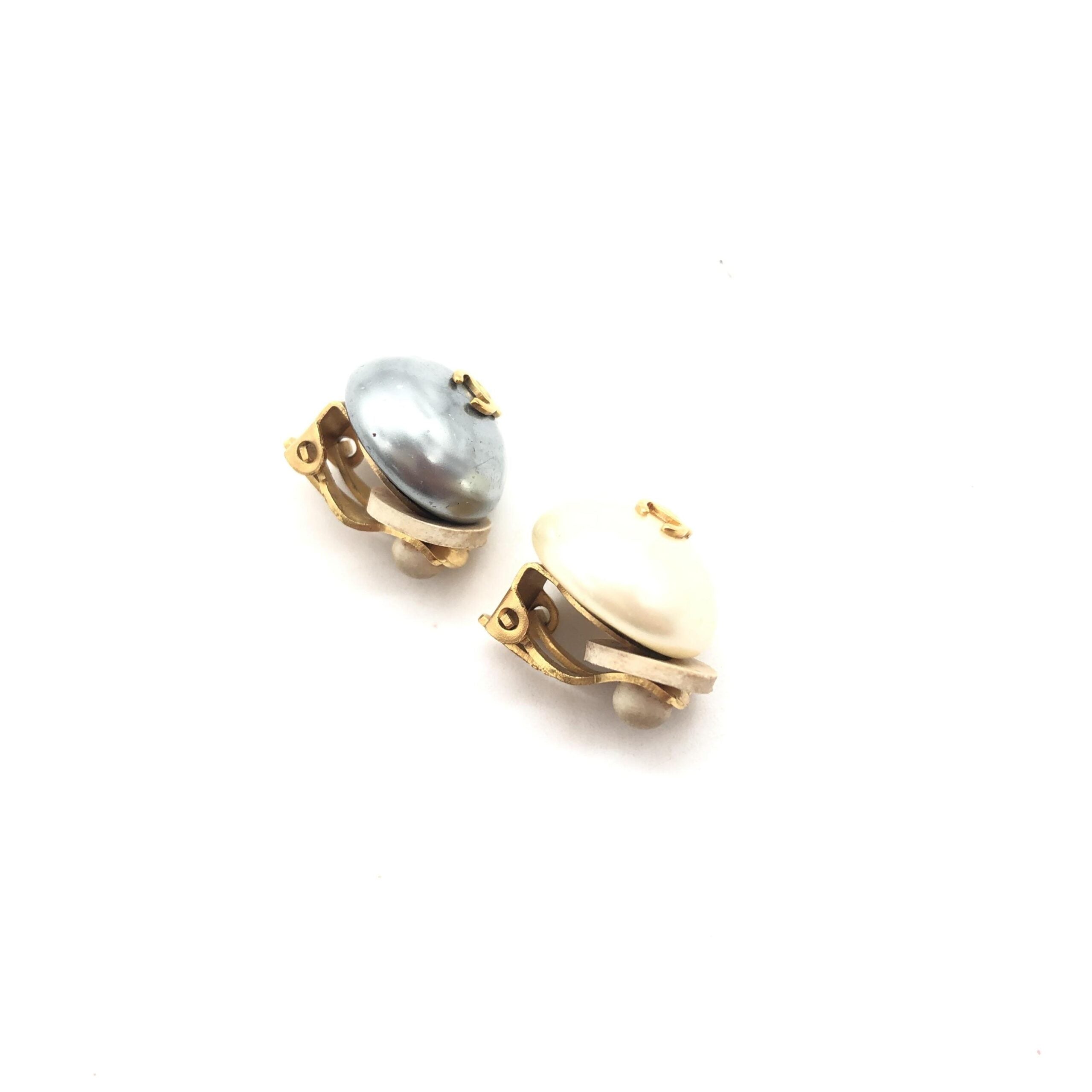 Chanel Gray And White Pearl Stud Earrings