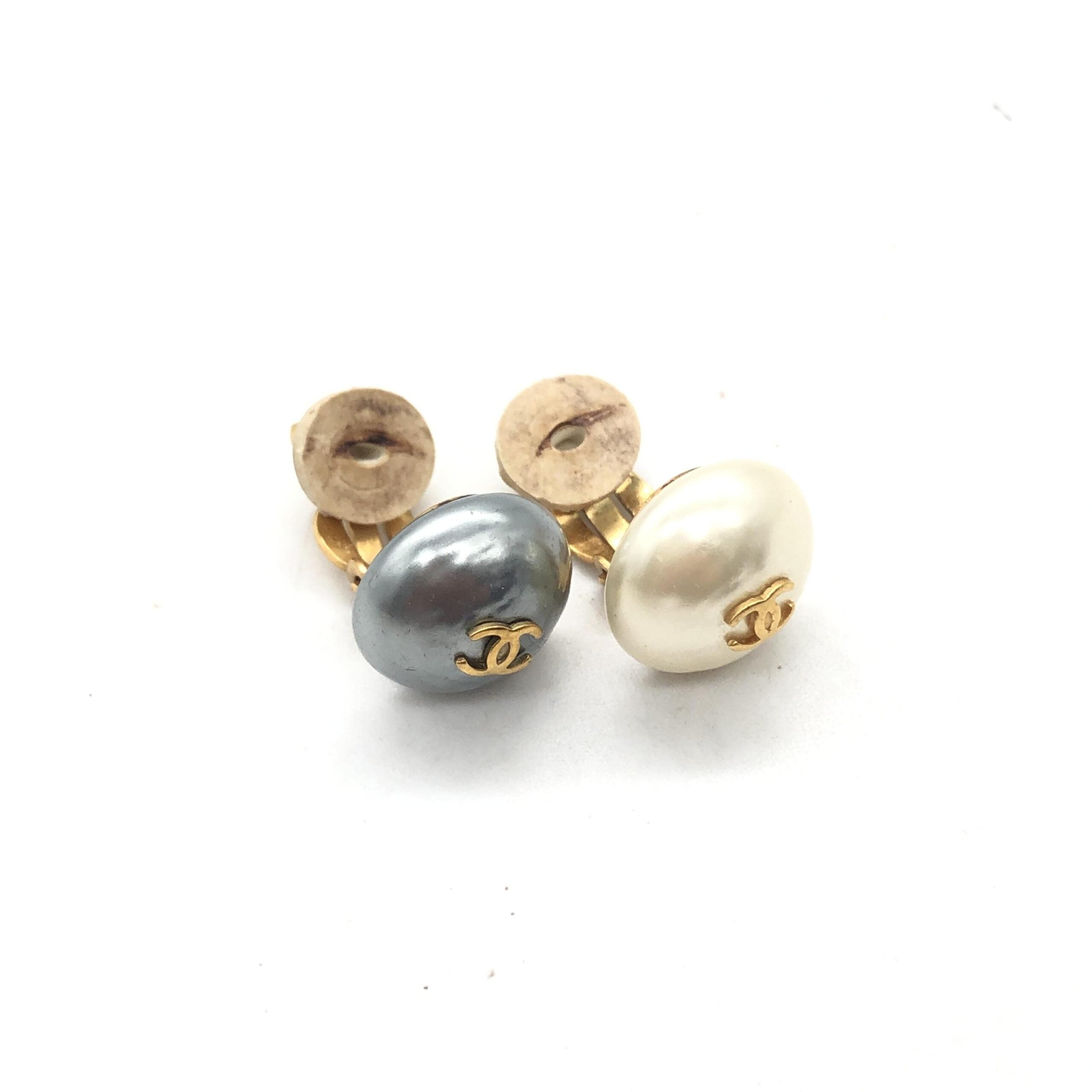 Chanel Gray And White Pearl Stud Earrings