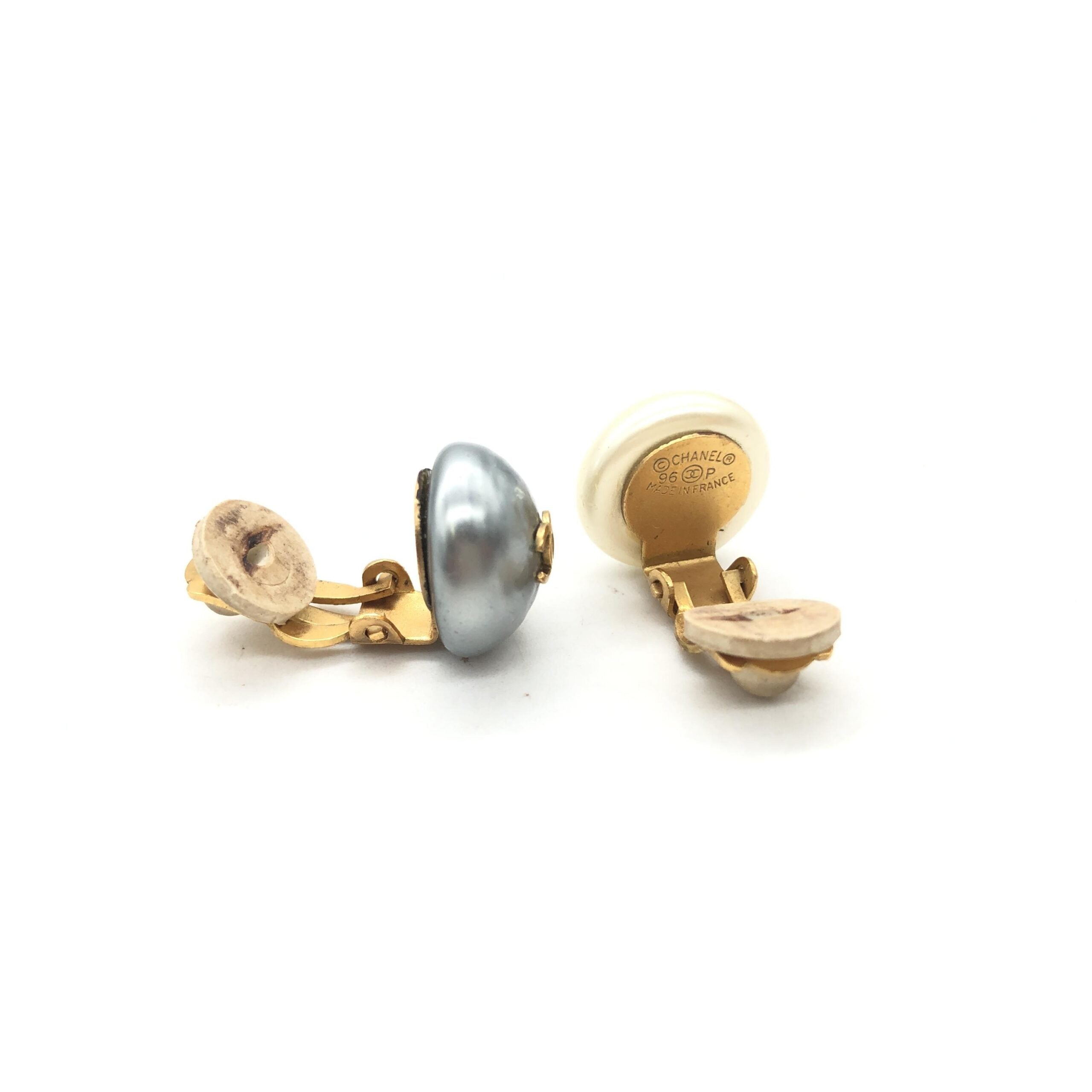 Chanel Gray And White Pearl Stud Earrings