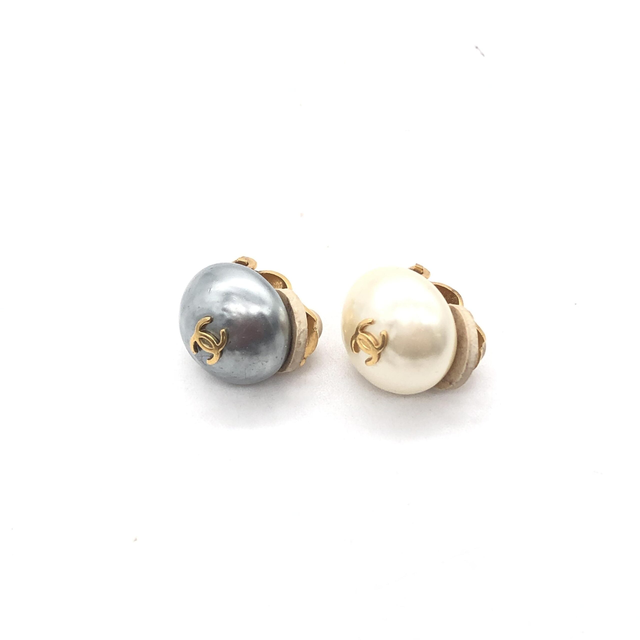 Chanel Gray And White Pearl Stud Earrings