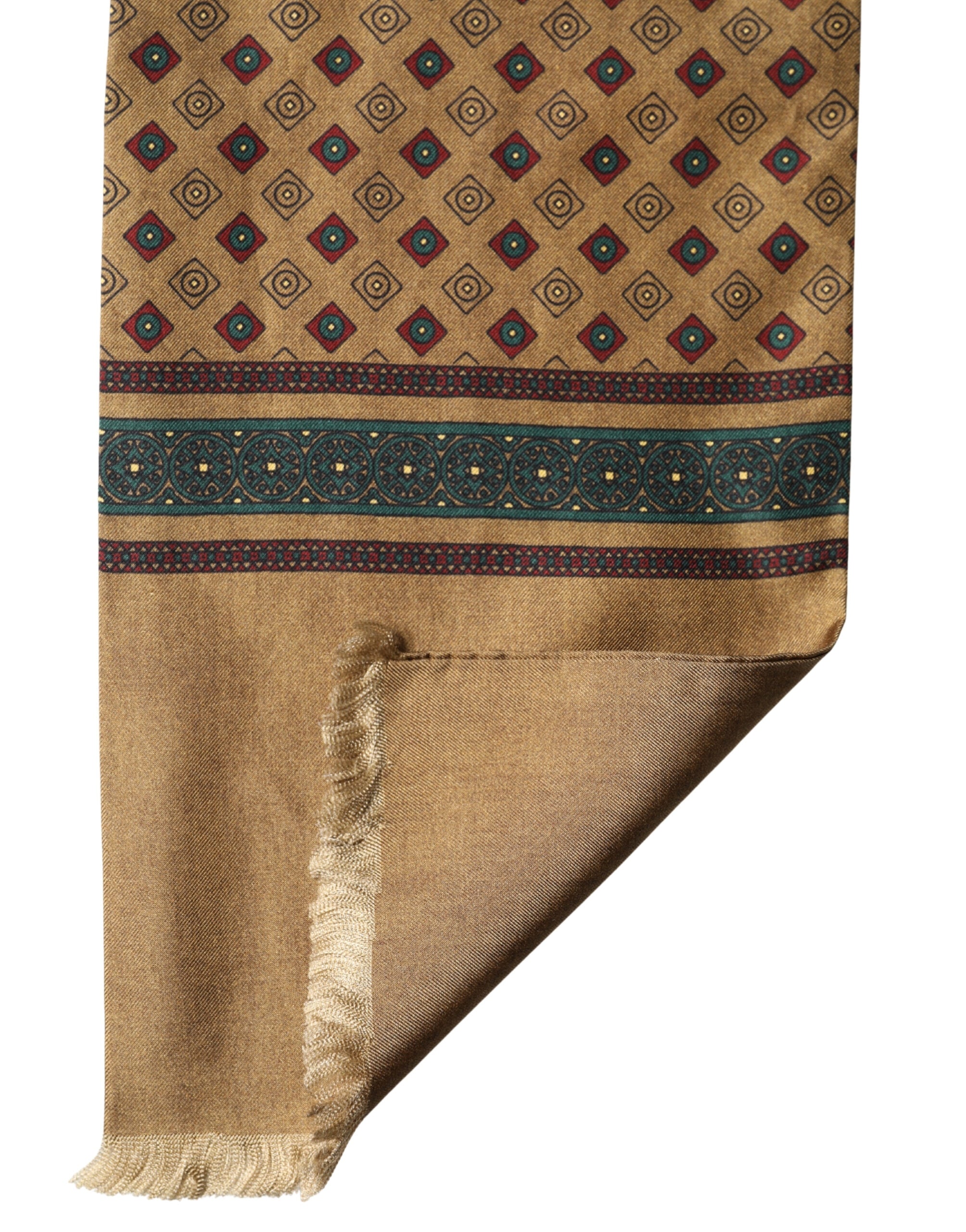 Dolce & Gabbana Brown Silk Geometric Pattern Fringe 132cm X 16cm Scarf