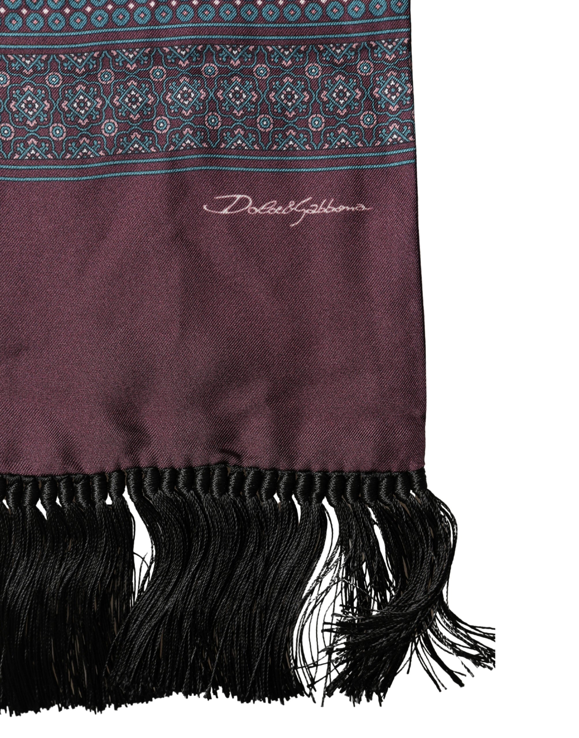 Dolce & Gabbana Bordeaux Silk Fringe Geometric Neck Wrap 142cm X 15cm  Scarf