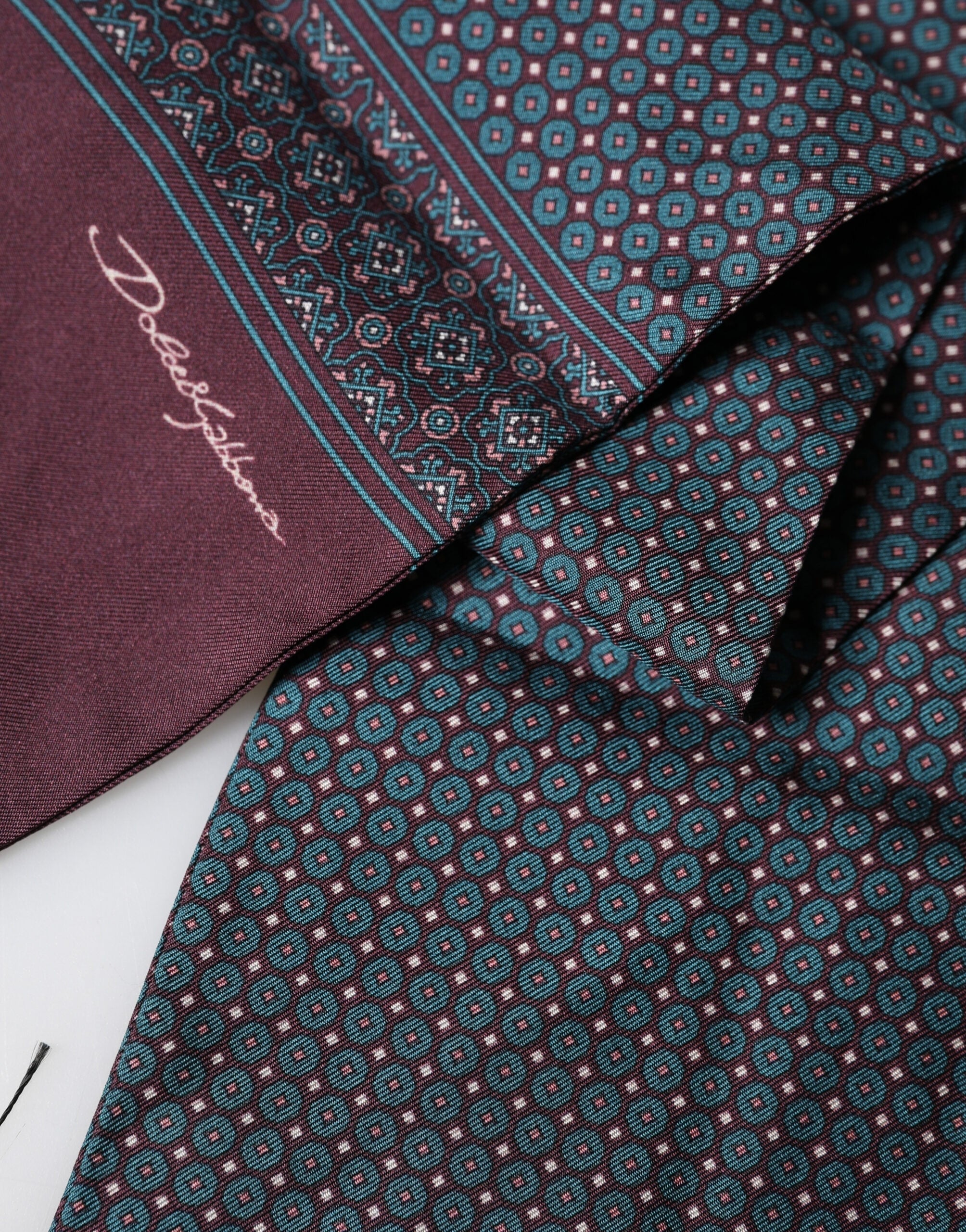 Dolce & Gabbana Bordeaux Silk Fringe Geometric Neck Wrap 142cm X 15cm  Scarf