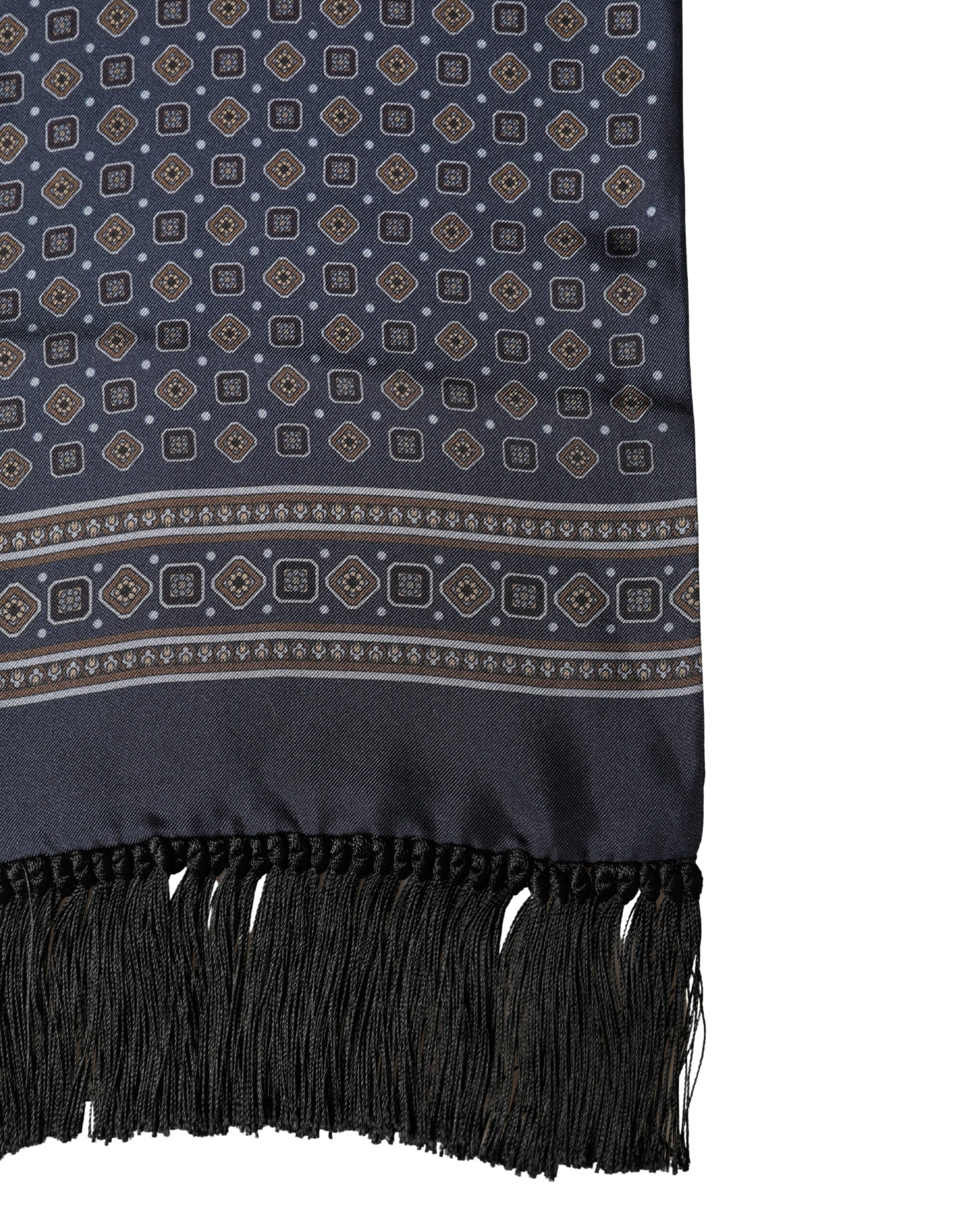 Dolce & Gabbana Navy Silk Geometric Fringe Foulard 137cm x 18cm Scarf