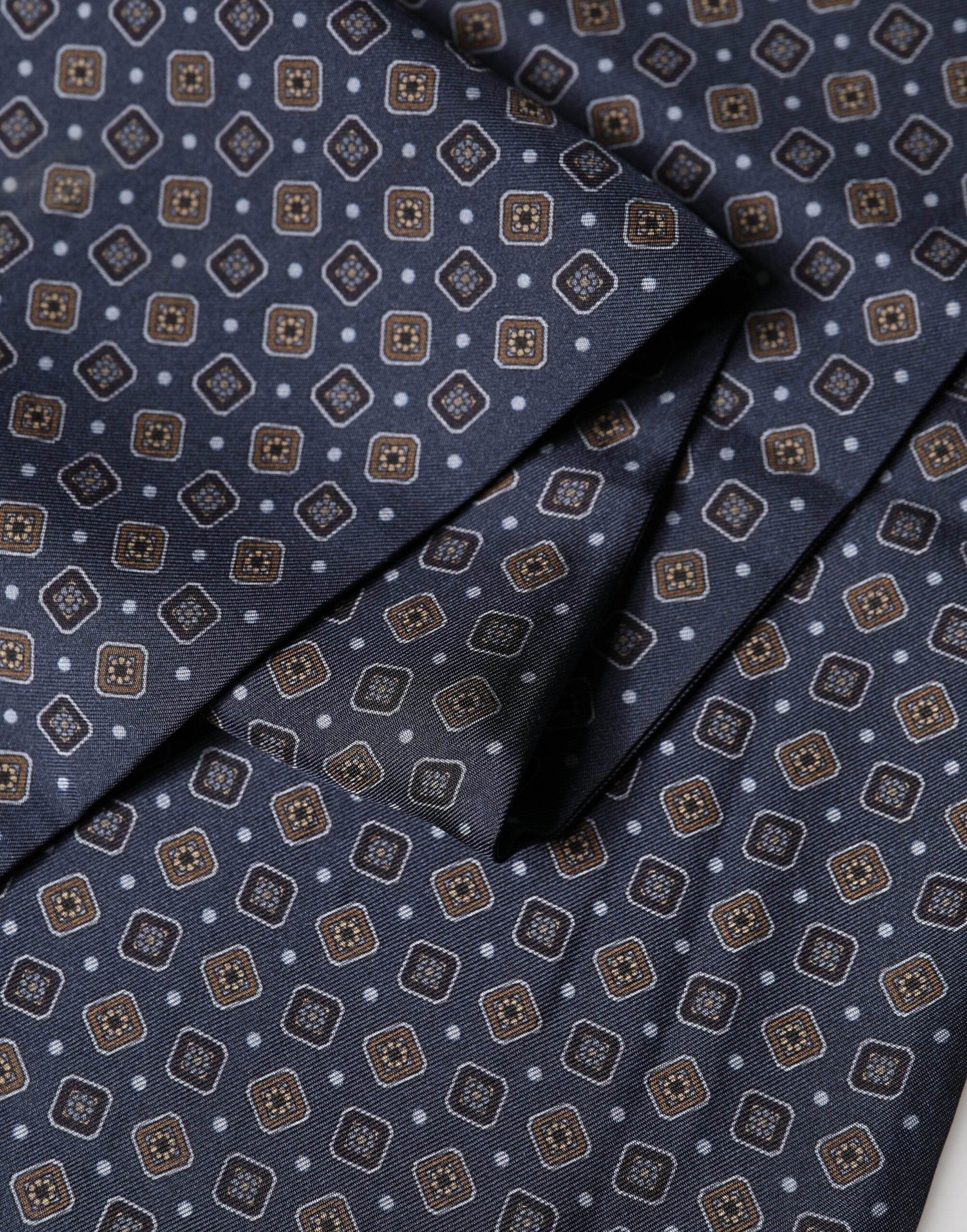 Dolce & Gabbana Navy Silk Geometric Fringe Foulard 137cm x 18cm Scarf