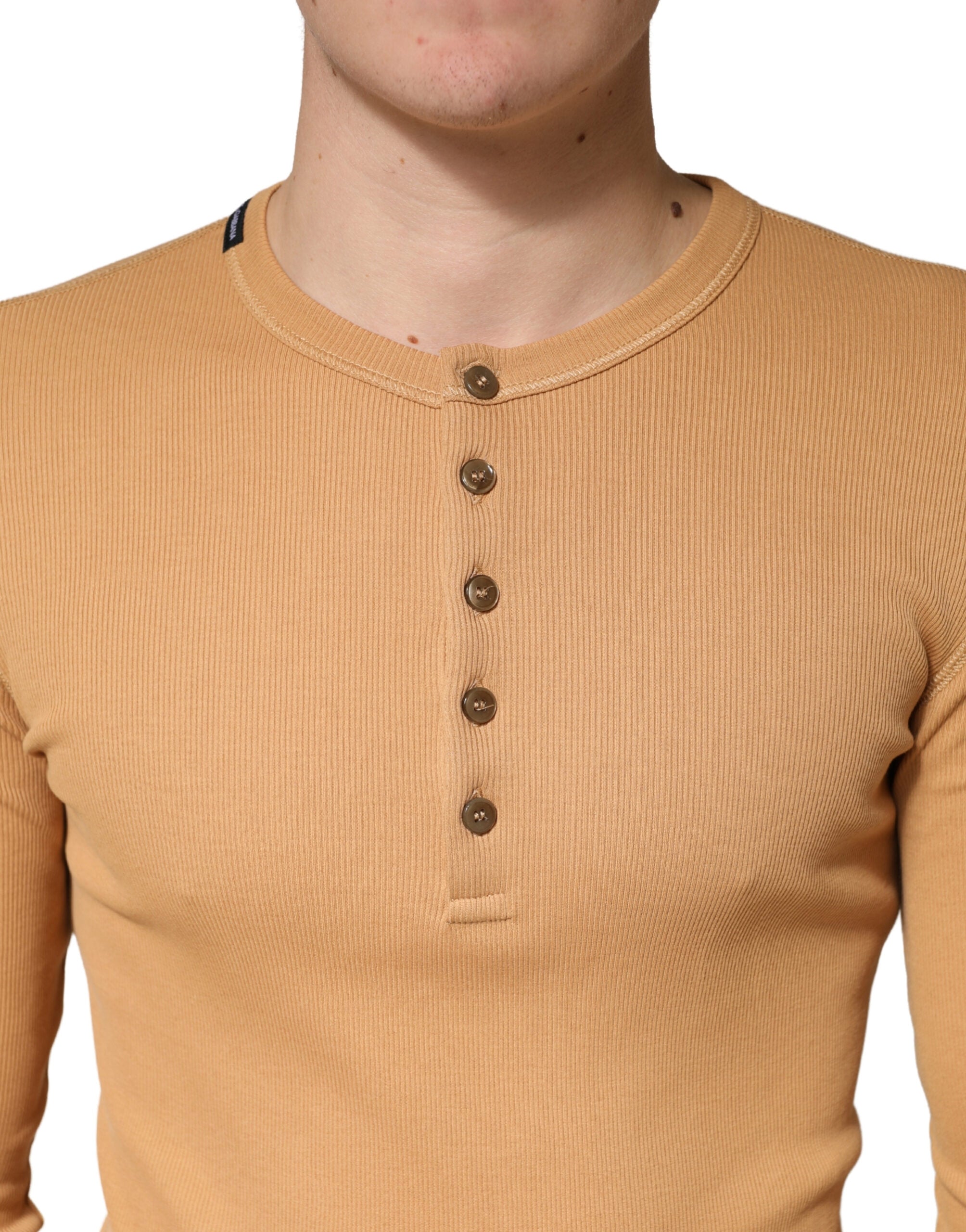 Dolce & Gabbana Camel Ribbed Cotton Long Sleeve Henley Sweater