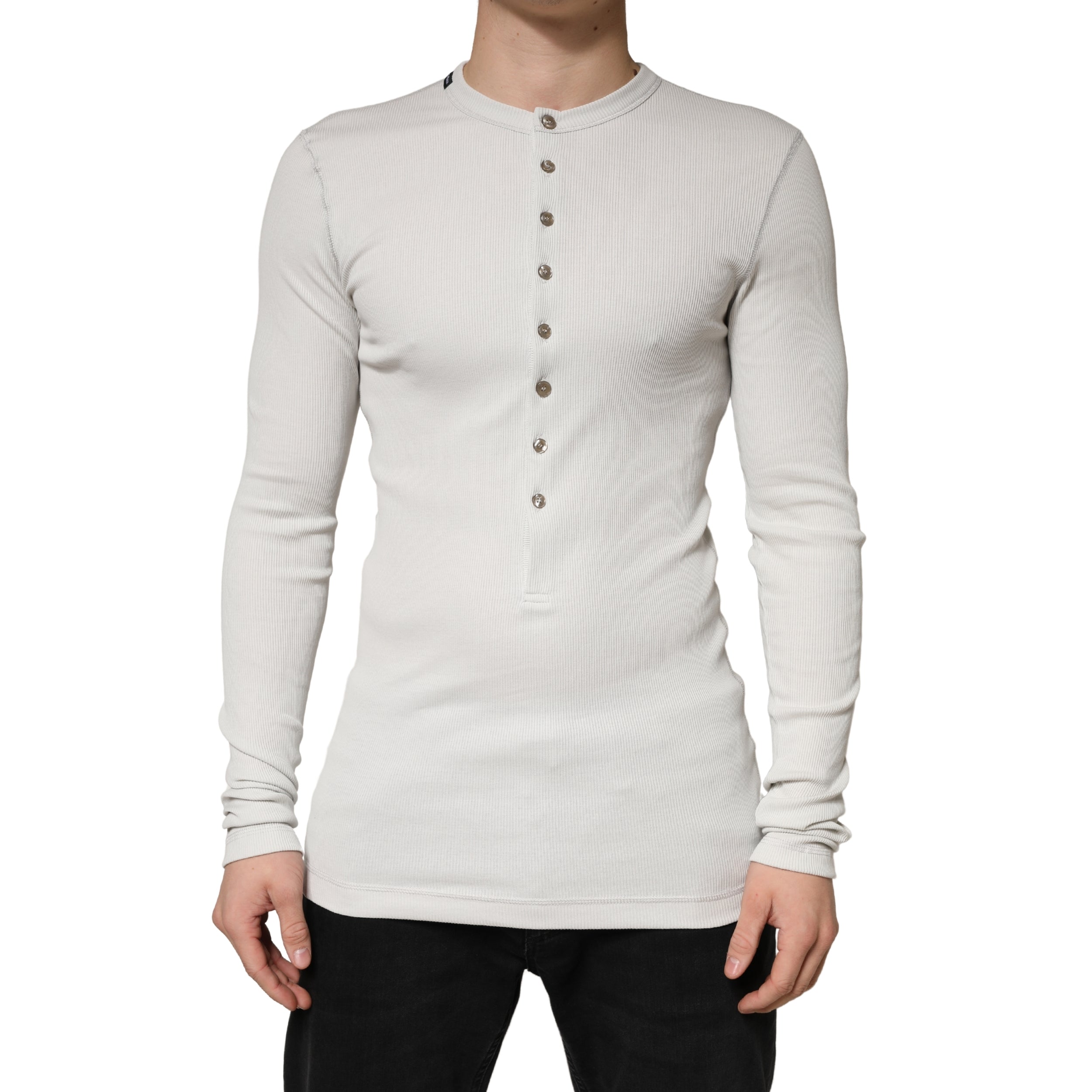 Dolce & Gabbana Gray Ribbed Cotton Long Sleeve Henley  Sweater