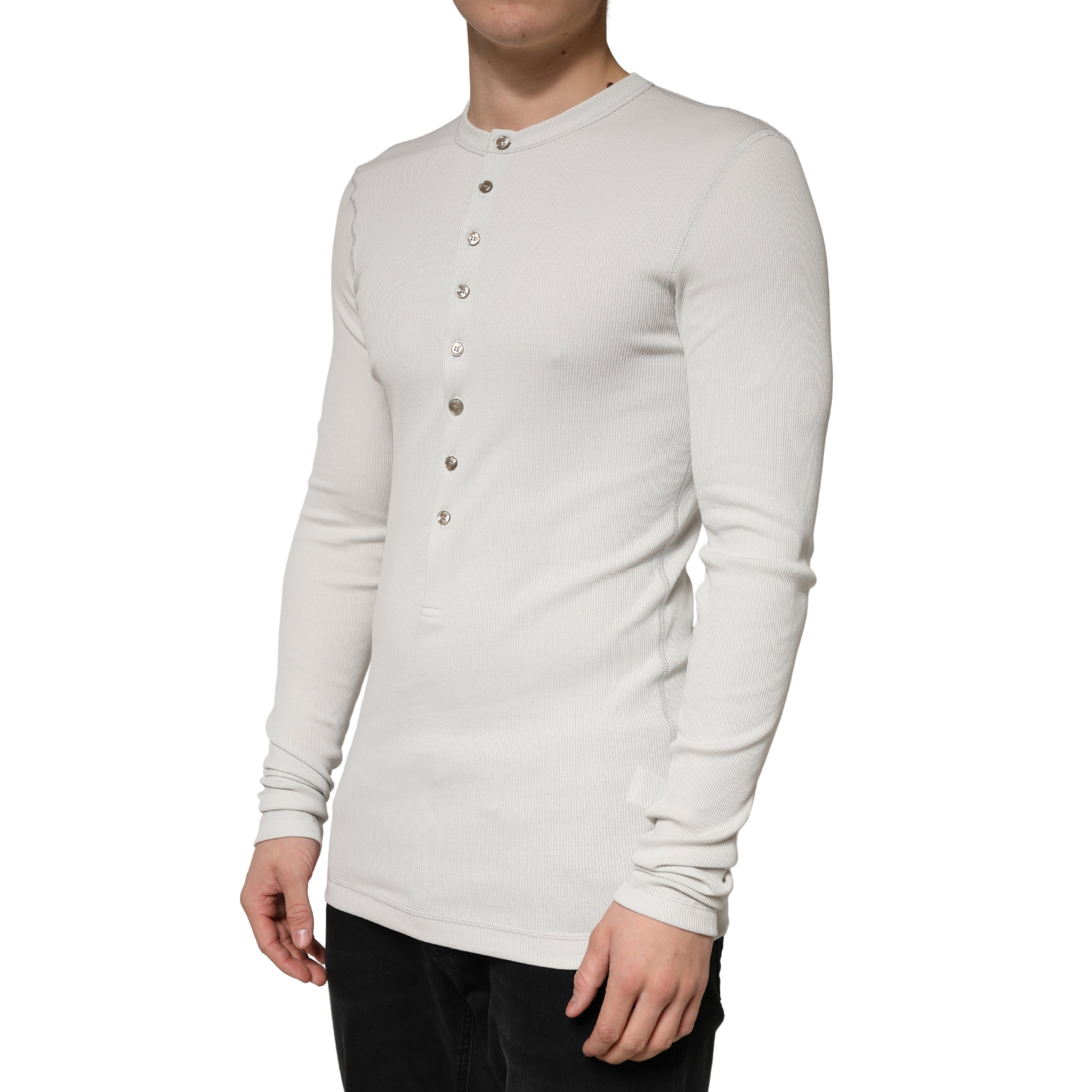 Dolce & Gabbana Gray Ribbed Cotton Long Sleeve Henley  Sweater