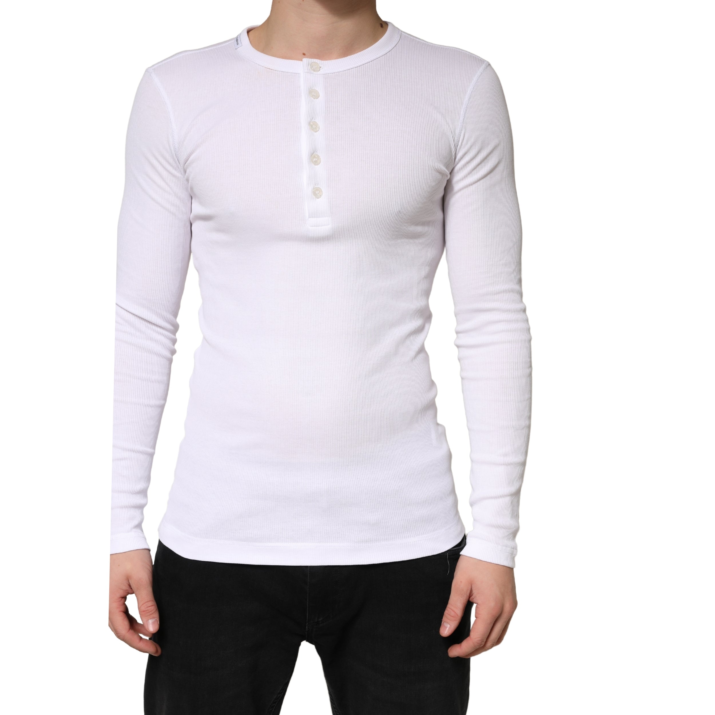 Dolce & Gabbana White Ribbed Cotton Long Sleeve Henley Sweater