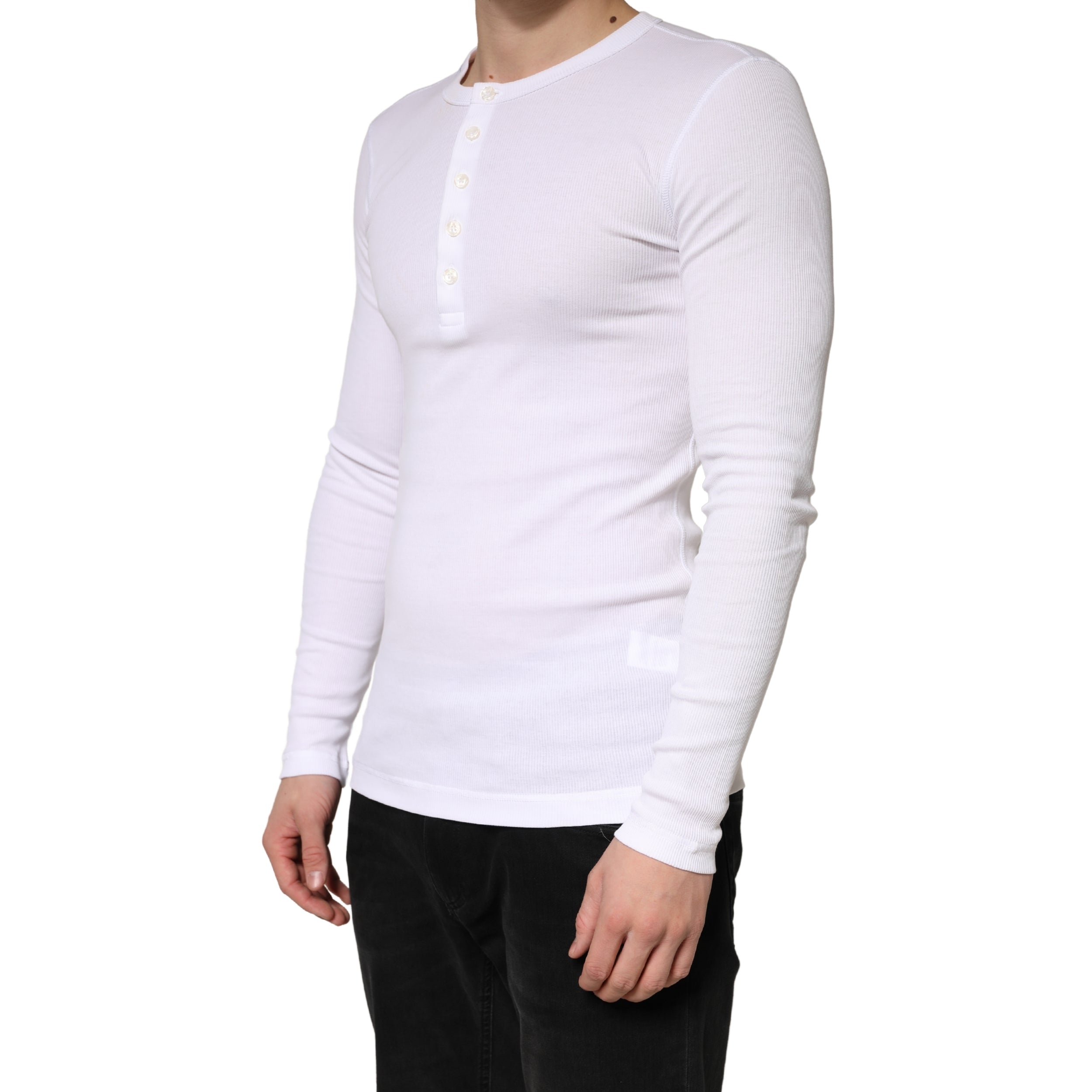 Dolce & Gabbana White Ribbed Cotton Long Sleeve Henley Sweater
