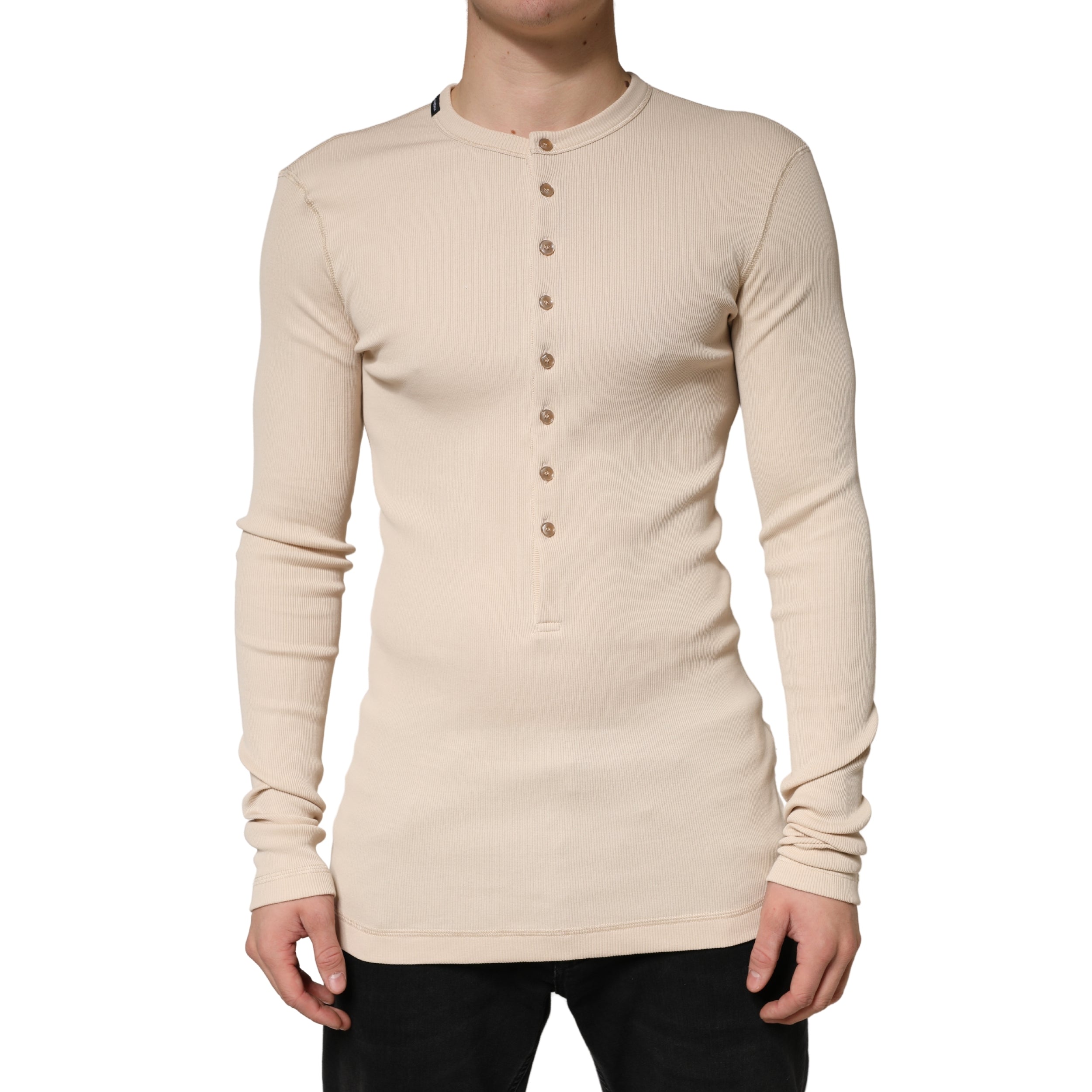 Dolce & Gabbana Beige Ribbed Cotton Long Sleeve Henley Sweater