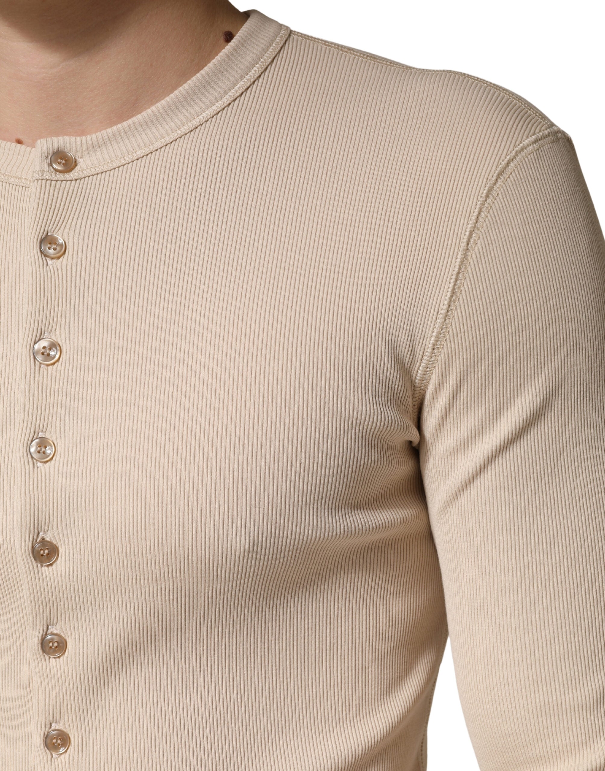 Dolce & Gabbana Beige Ribbed Cotton Long Sleeve Henley Sweater