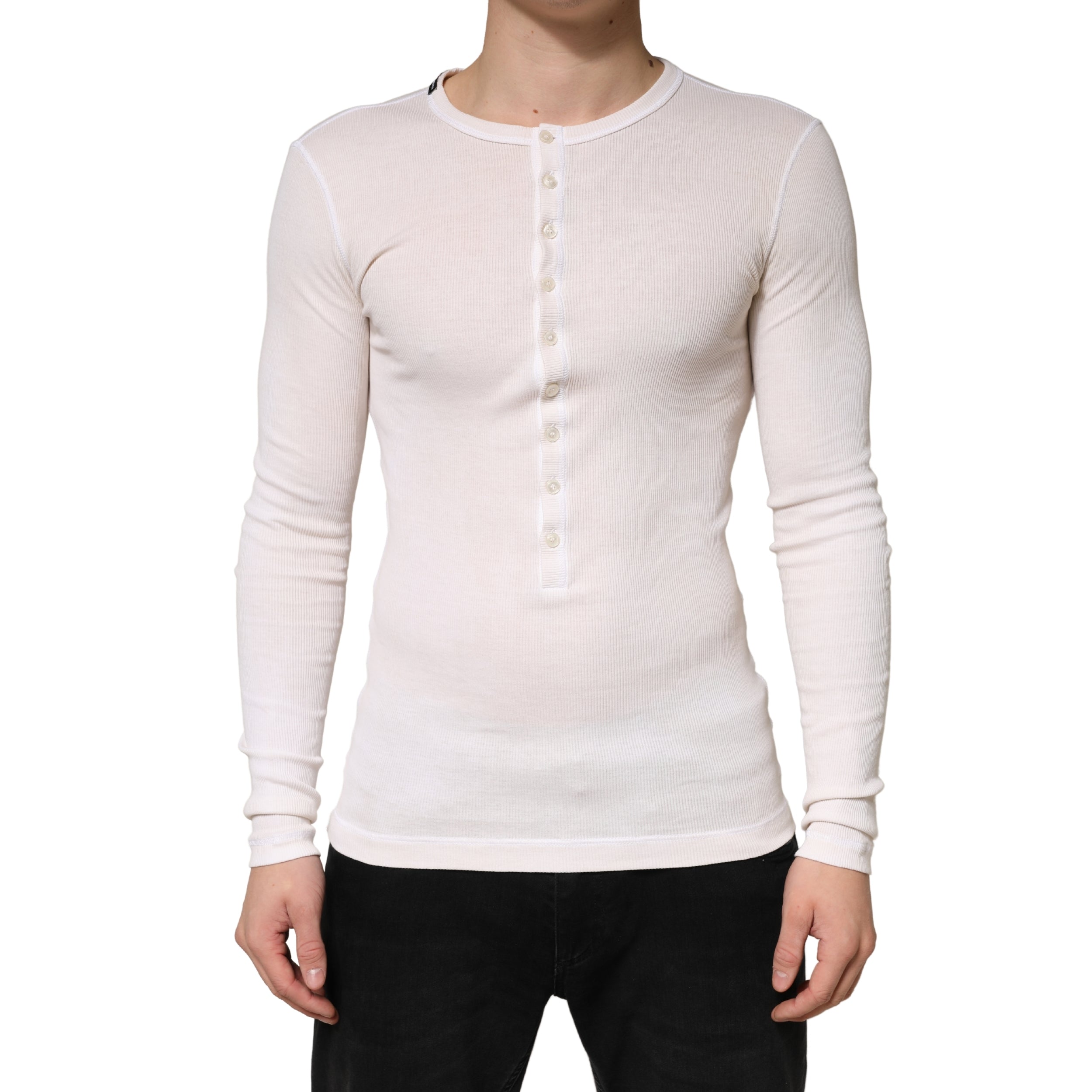 Dolce & Gabbana Ivory Ribbed Cotton Long Sleeve Henley Sweater