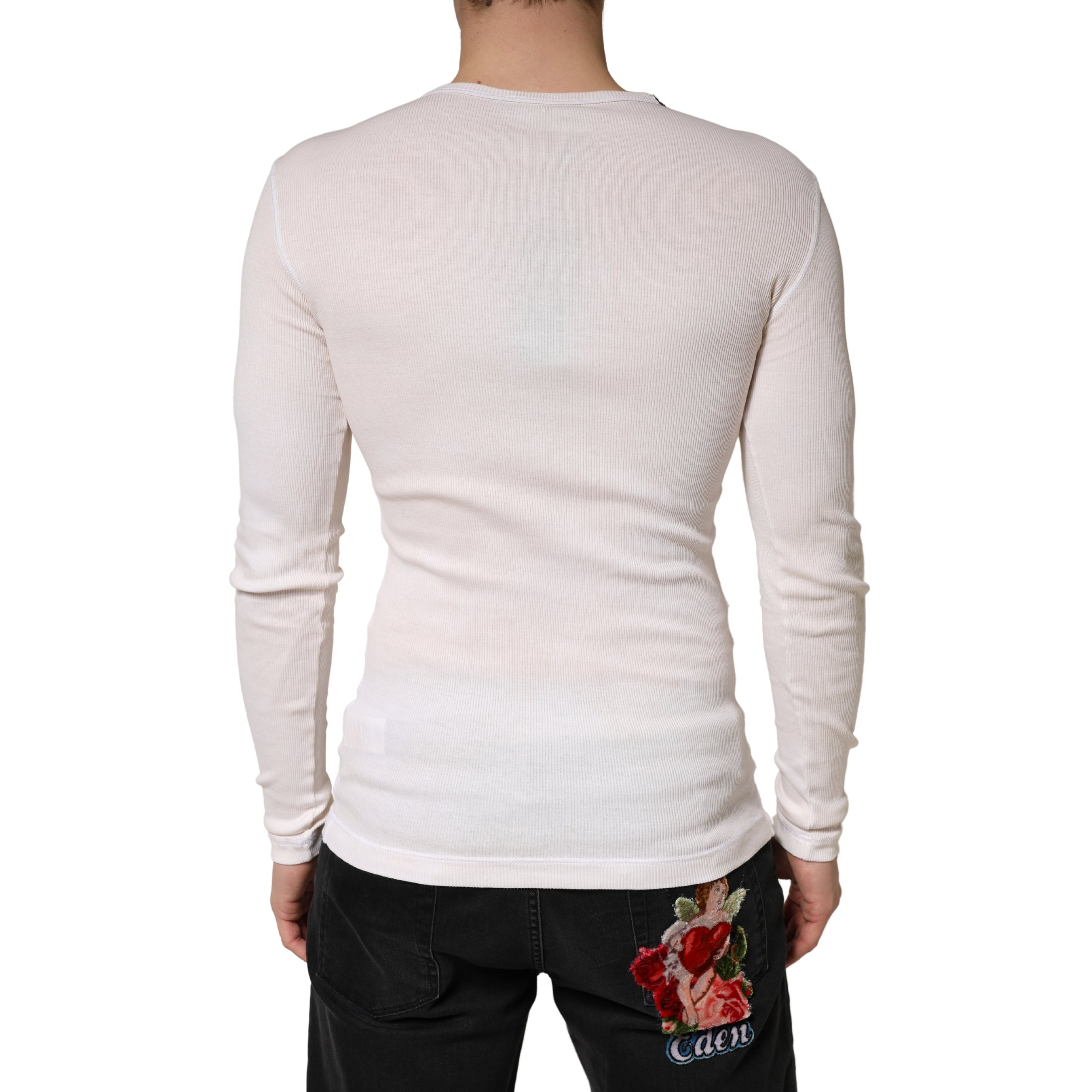 Dolce & Gabbana Ivory Ribbed Cotton Long Sleeve Henley Sweater