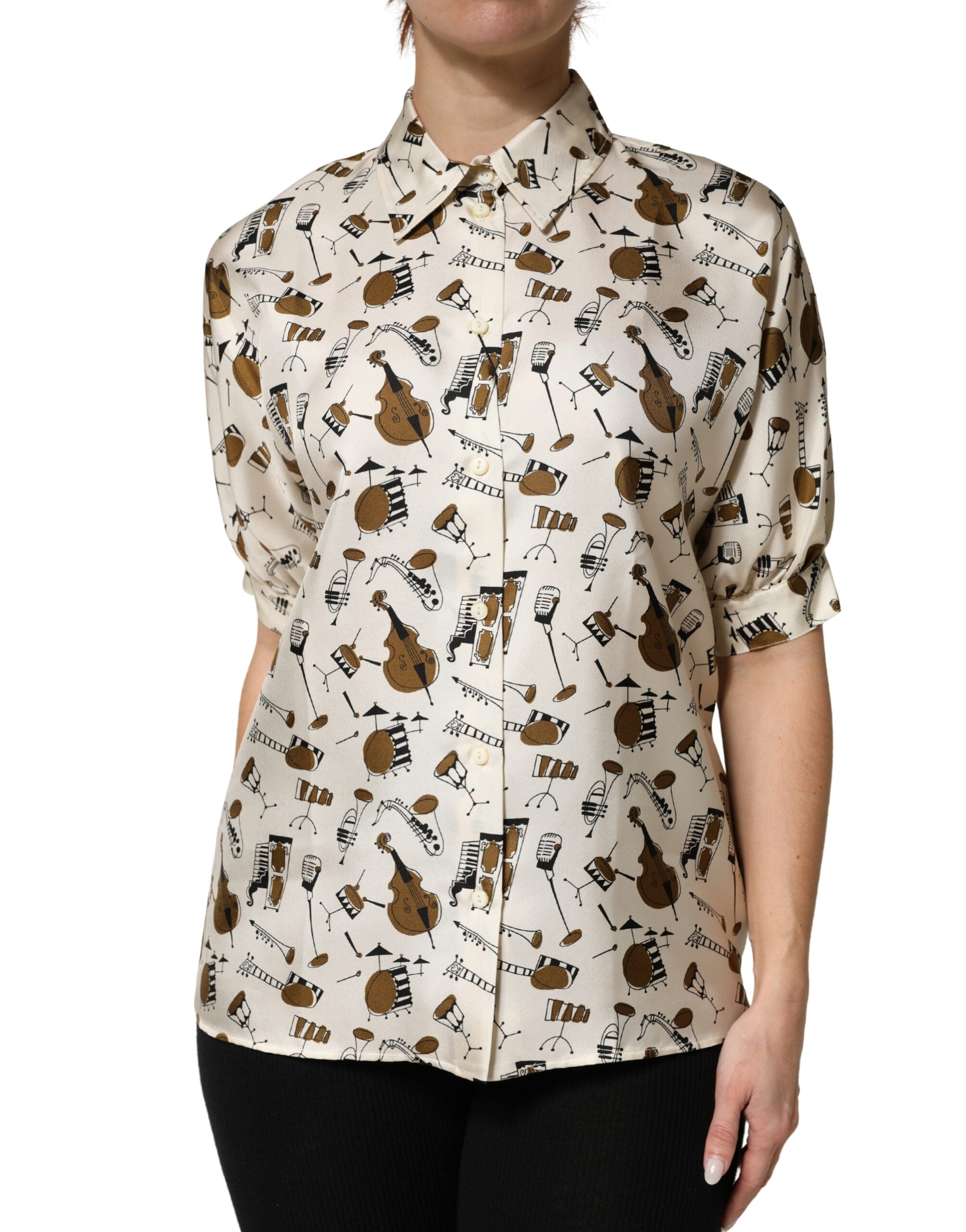 Dolce & Gabbana Beige Musical Instrument Print Short Sleeve Top