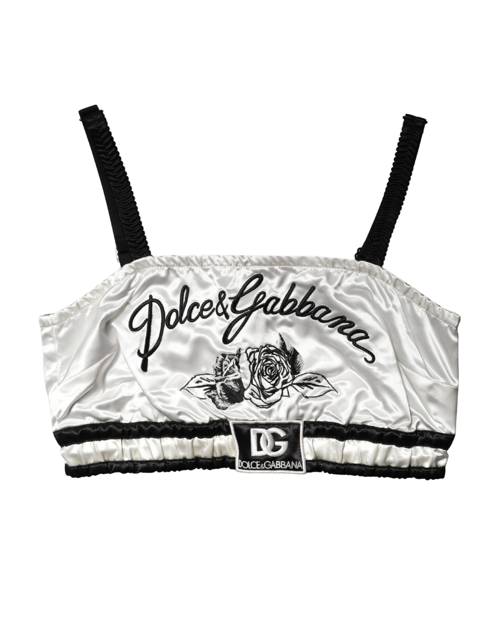 Dolce & Gabbana White Silk Satin Crop Black Logo Bralette Top