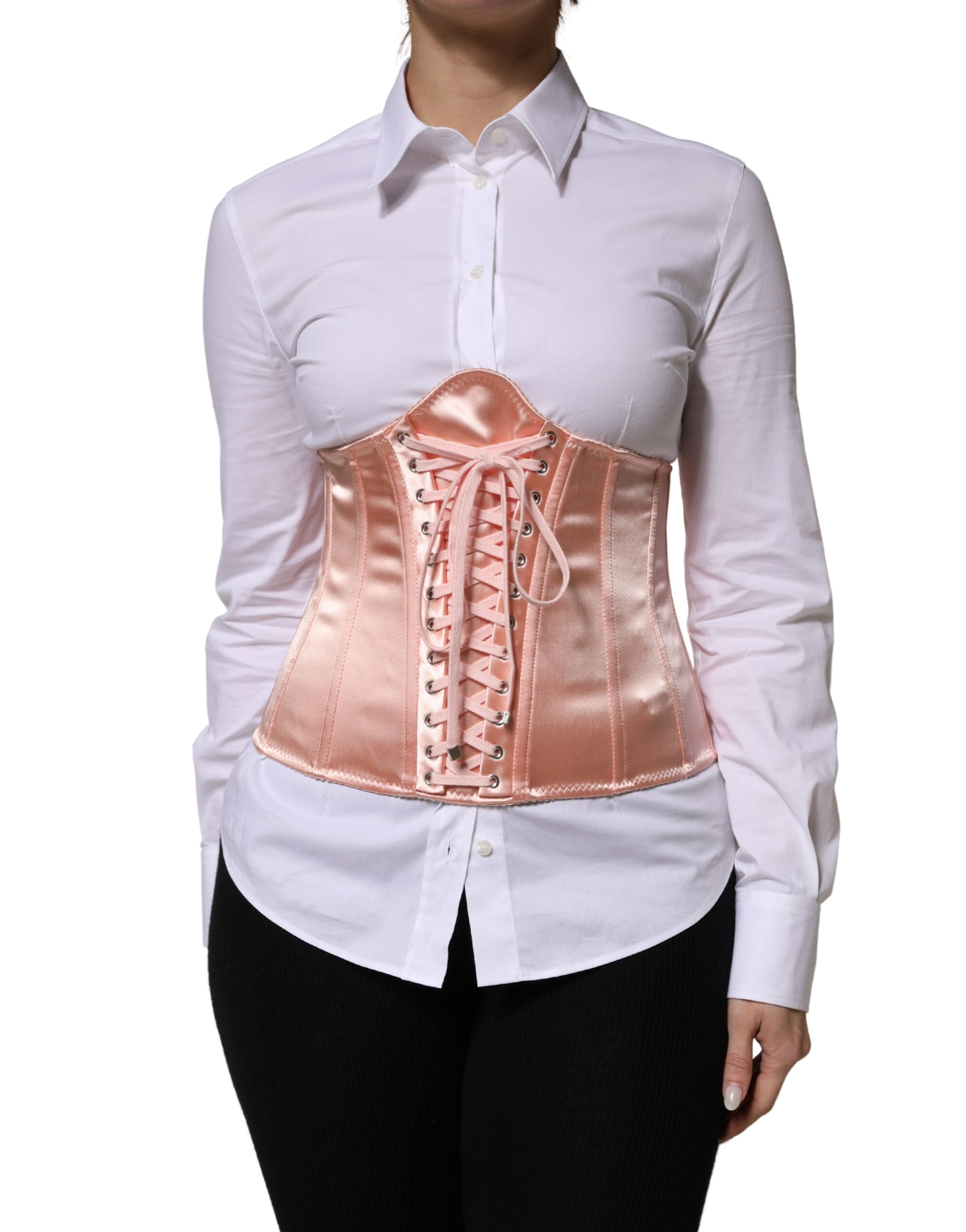 Dolce & Gabbana Pale Pink Silk LaceUp Waist Cincher Corse Top