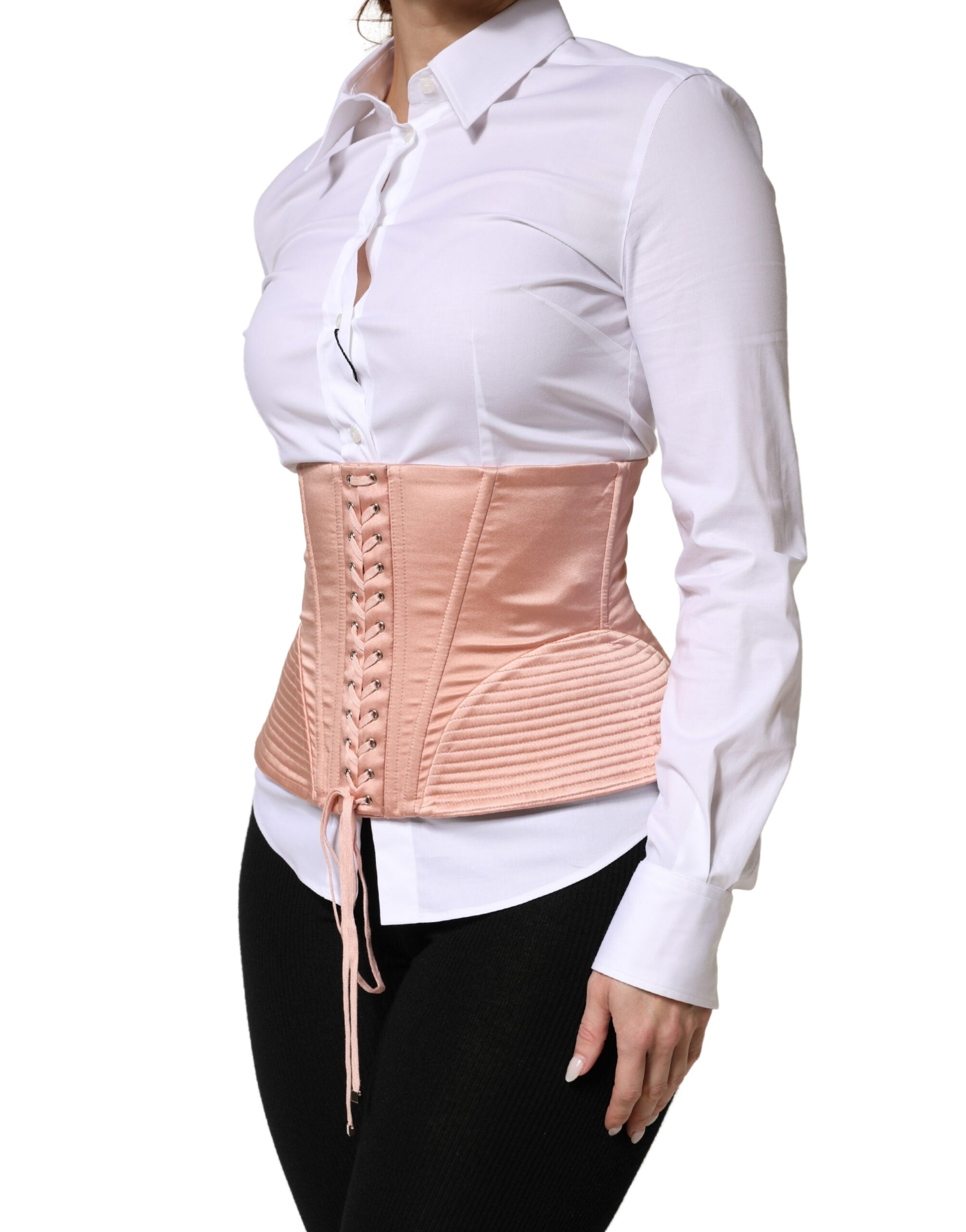 Dolce & Gabbana Pale Pink Silk LaceUp Waist Cincher Corset Top