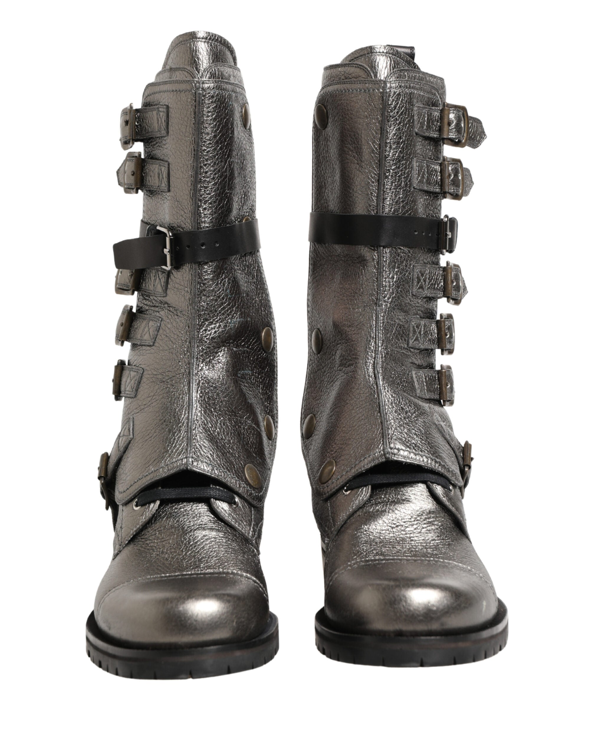 Dolce & Gabbana Metallic Leather Buckle Combat Boots Shoes