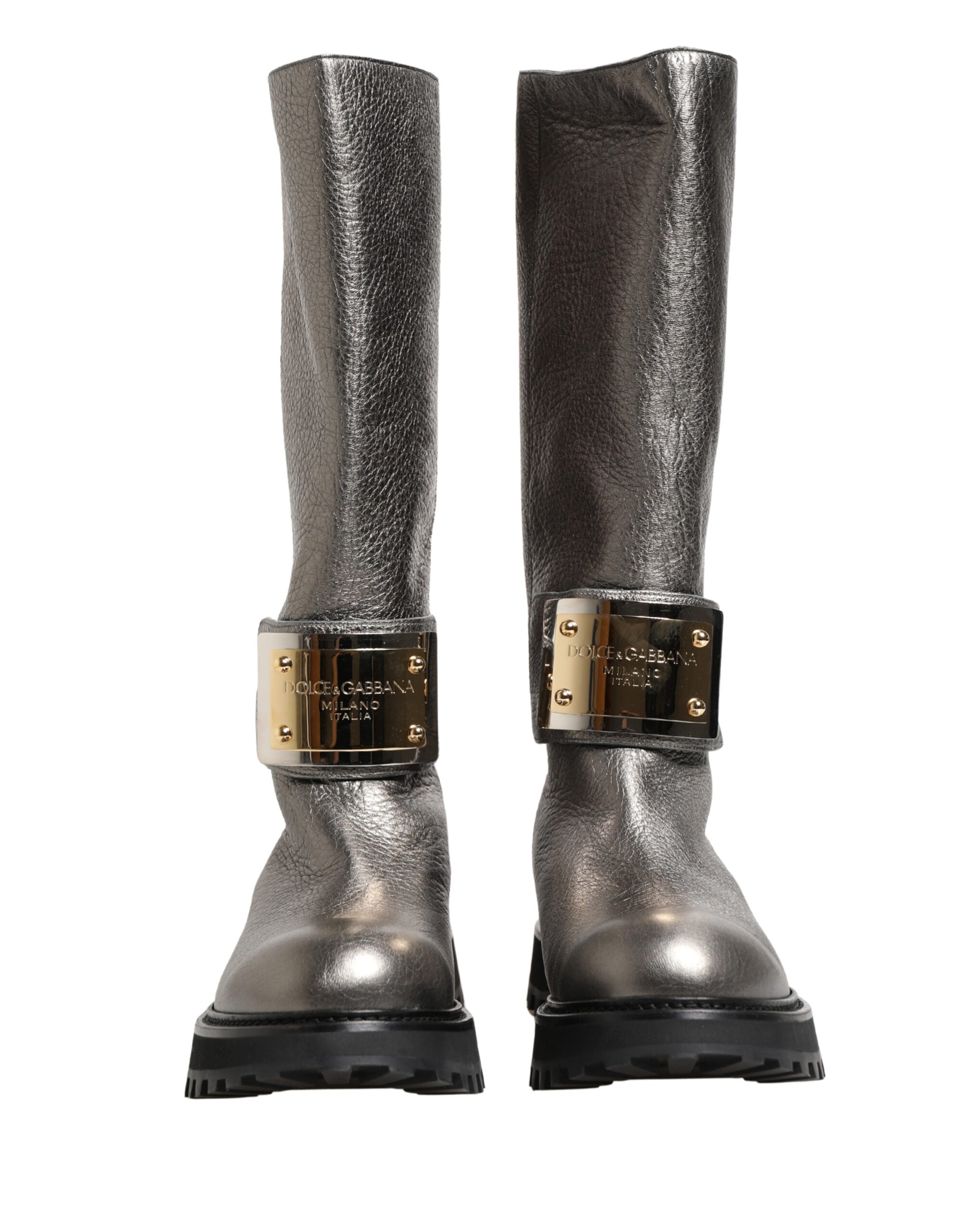 Dolce & Gabbana Metallic Silver Leather Mid Calf Boots Shoes