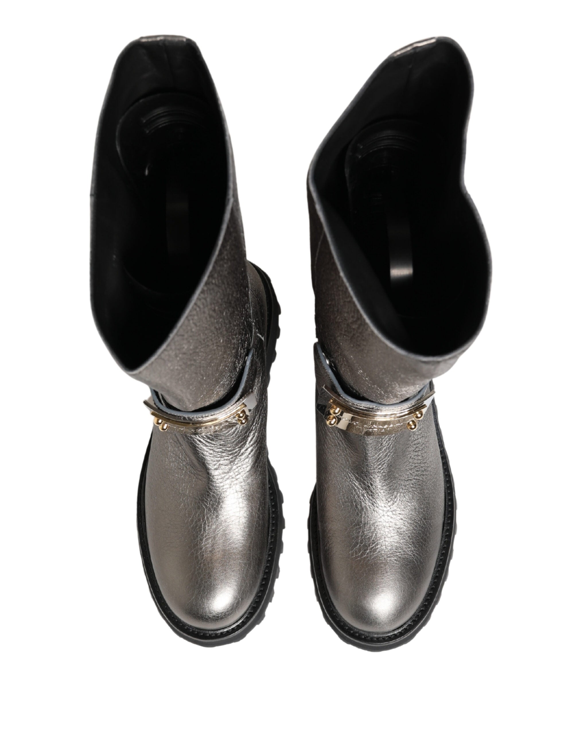 Dolce & Gabbana Metallic Silver Leather Mid Calf Boots Shoes