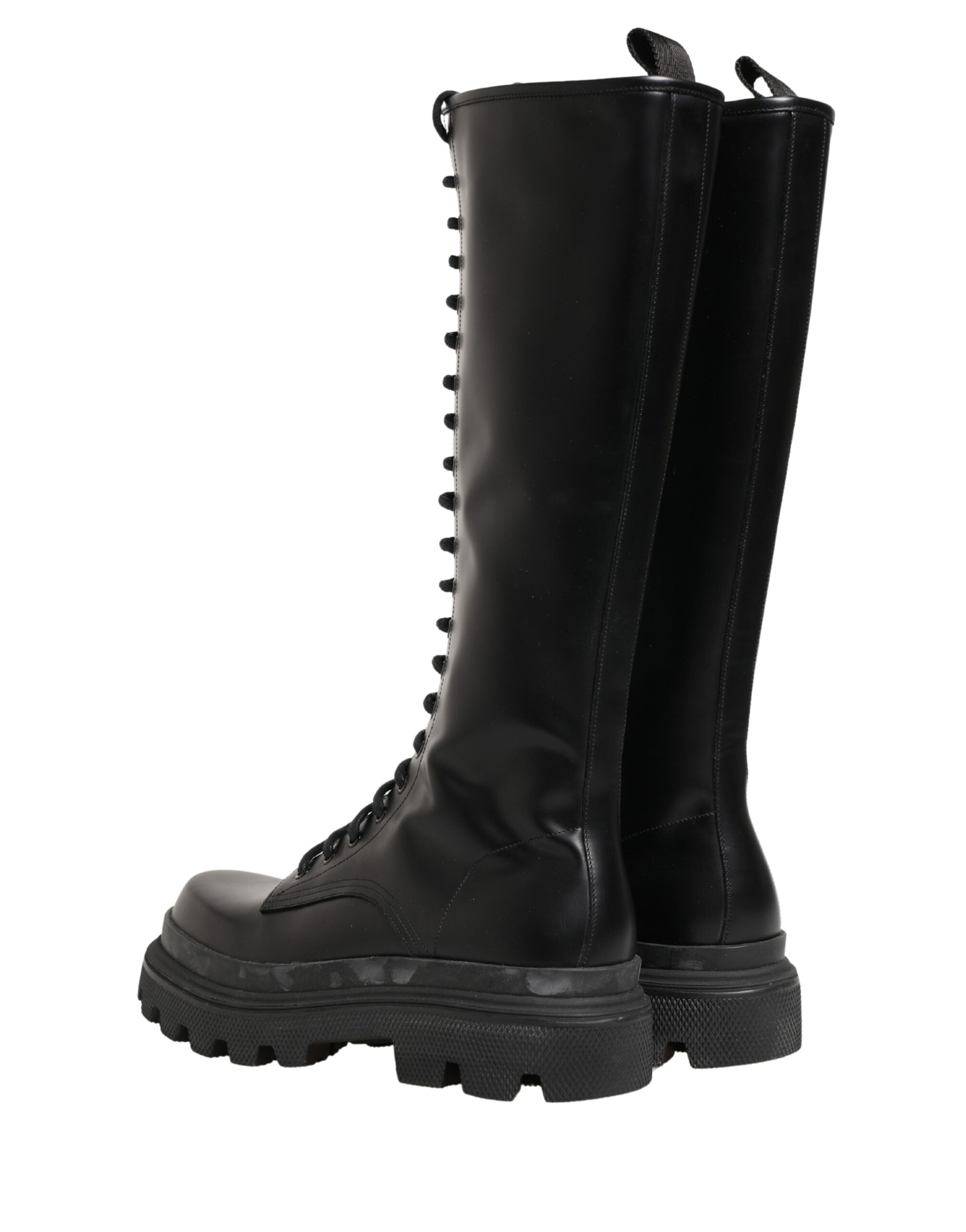 Dolce & Gabbana Black Leather Knee High Lace Up Boots Shoes