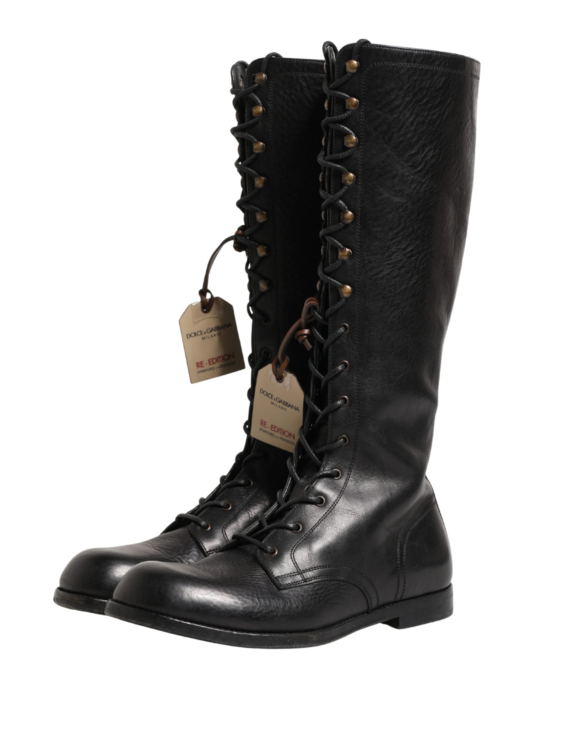 Dolce & Gabbana Re-Edition Black Leather Lace Up Boots Shoes