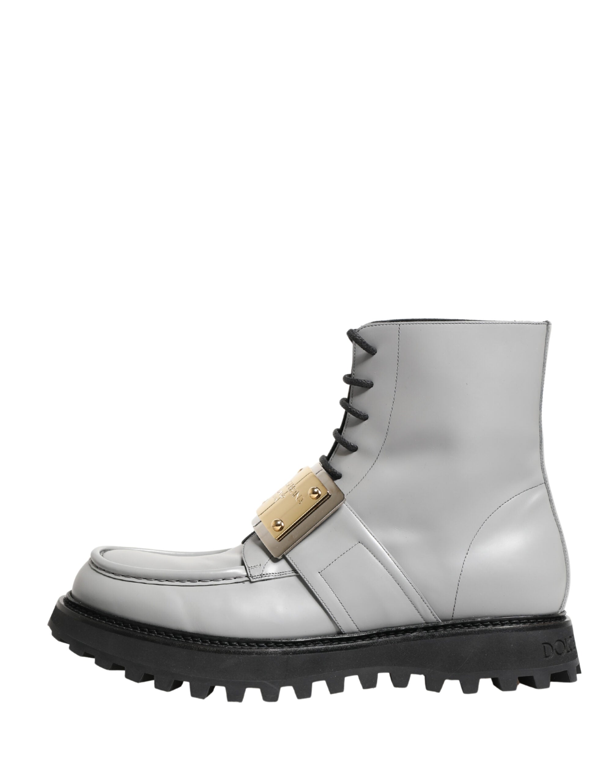 Dolce & Gabbana Gray Leather Logo Plaque Ankle Boots Shoes