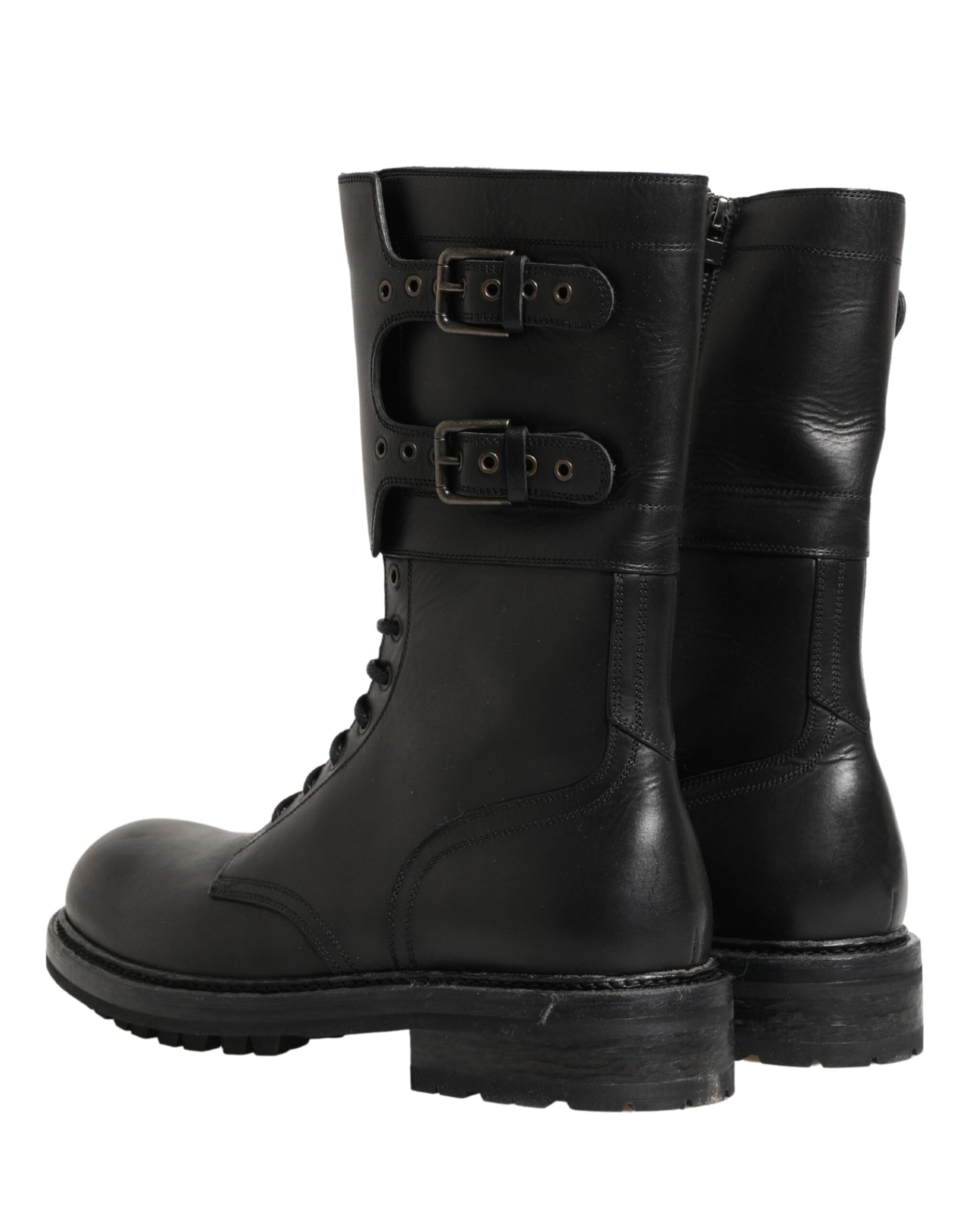 Dolce & Gabbana Black Leather Belted Buckle Combat Boots Shoes