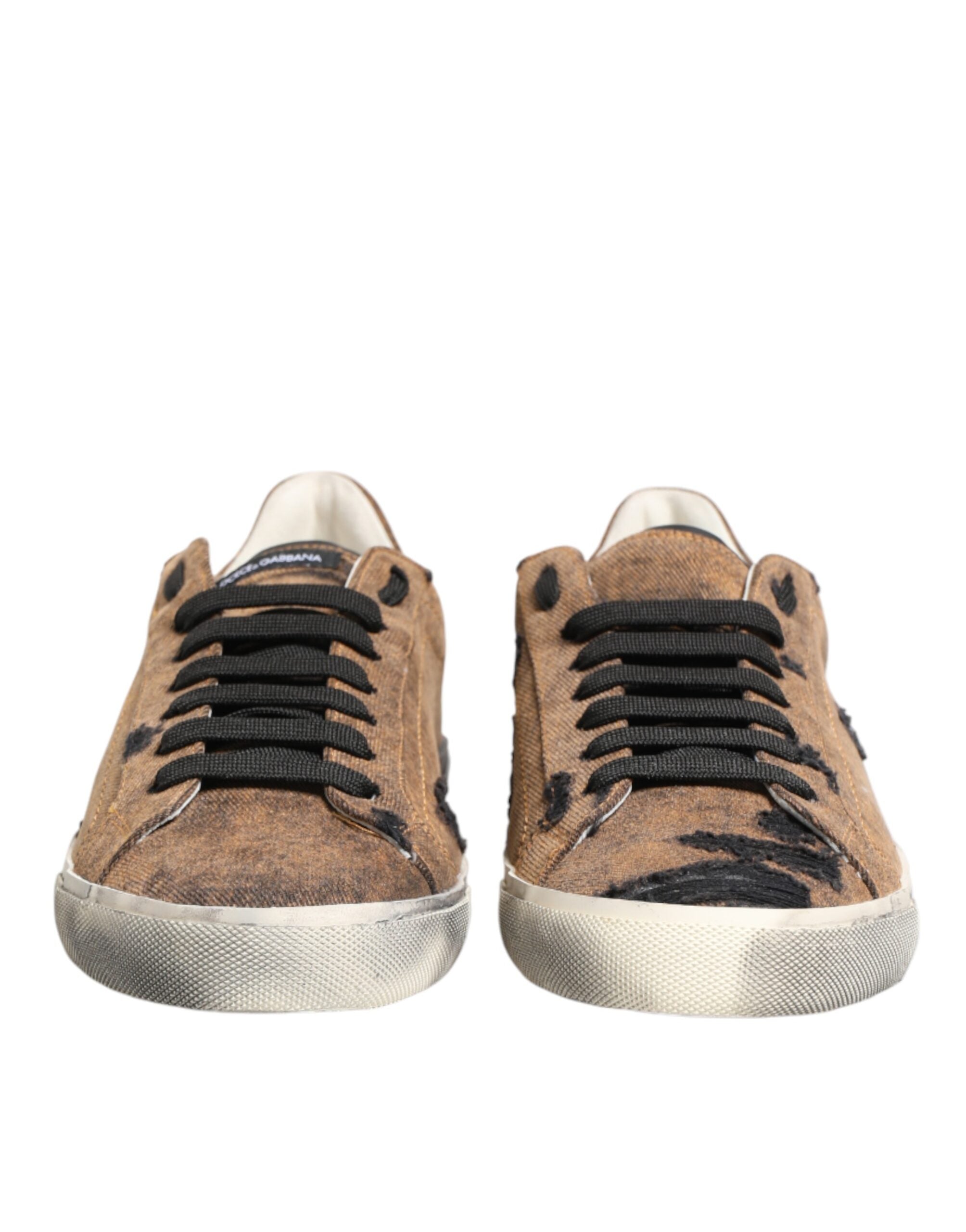 Dolce & Gabbana Brown Black Patch Denim Low Top Sneakers Shoes