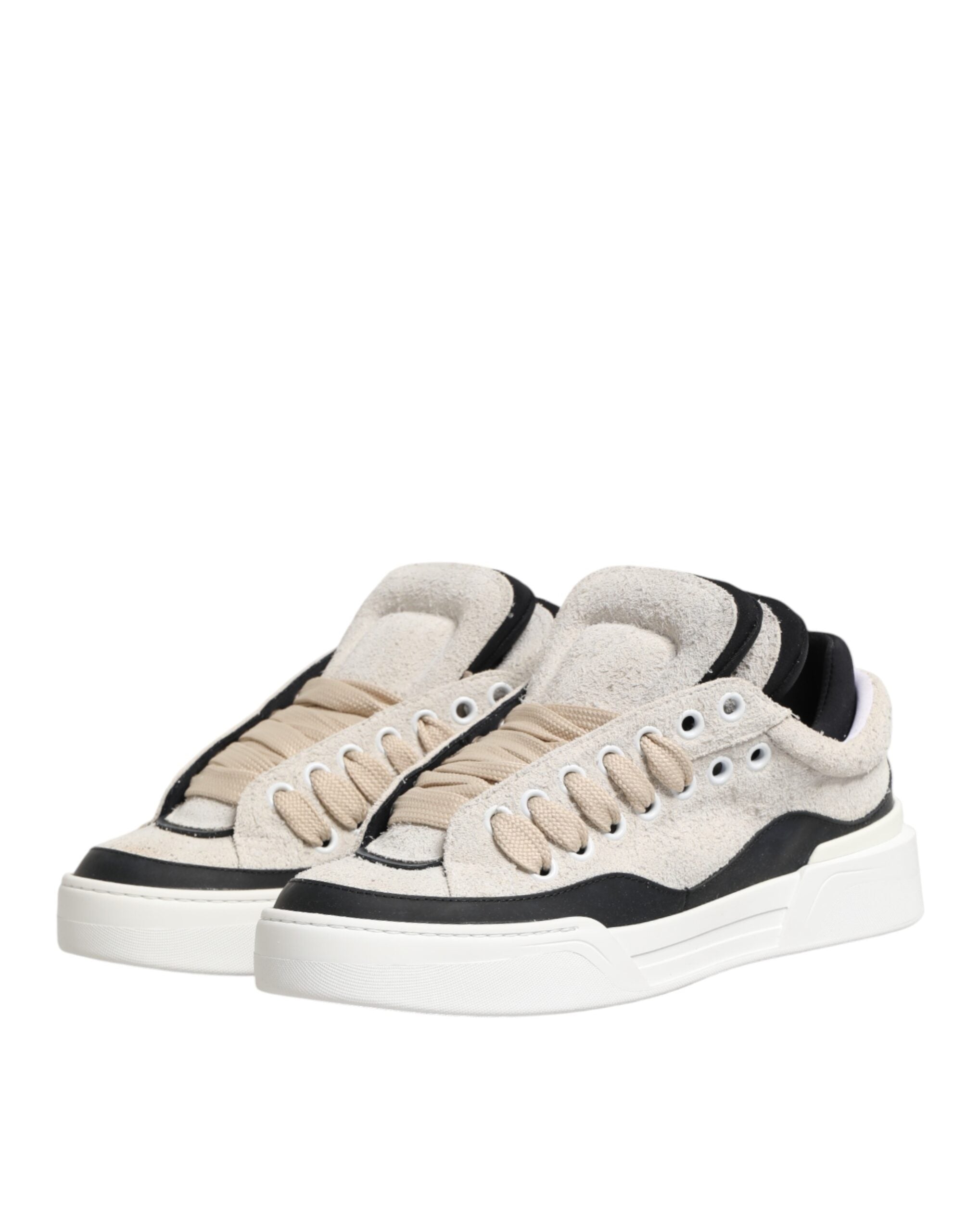 Dolce & Gabbana Taupe White Suede Leather Low Top Sneakers Shoes