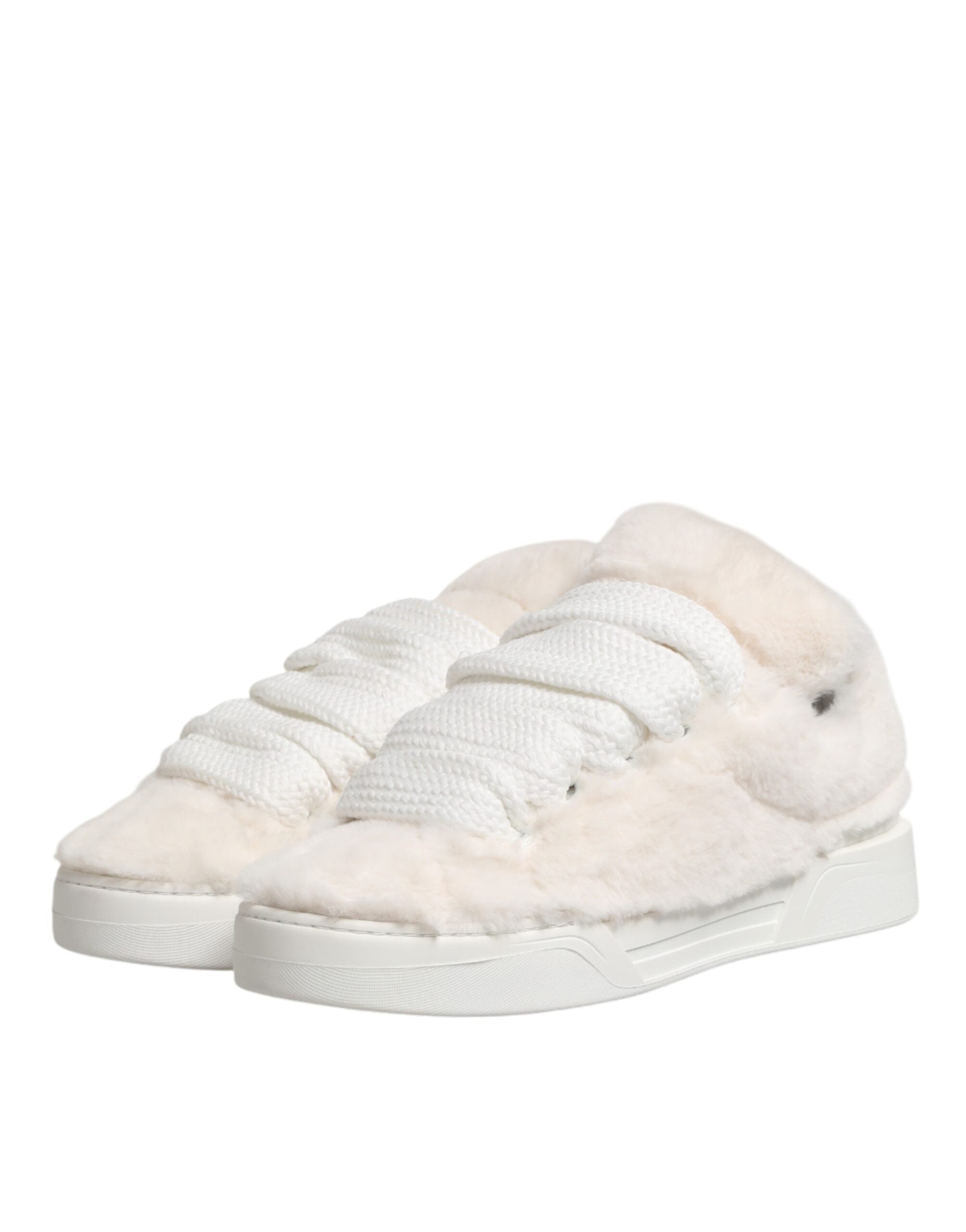 Dolce & Gabbana White Shearling Fur Bianco Low Top Sneakers Shoes