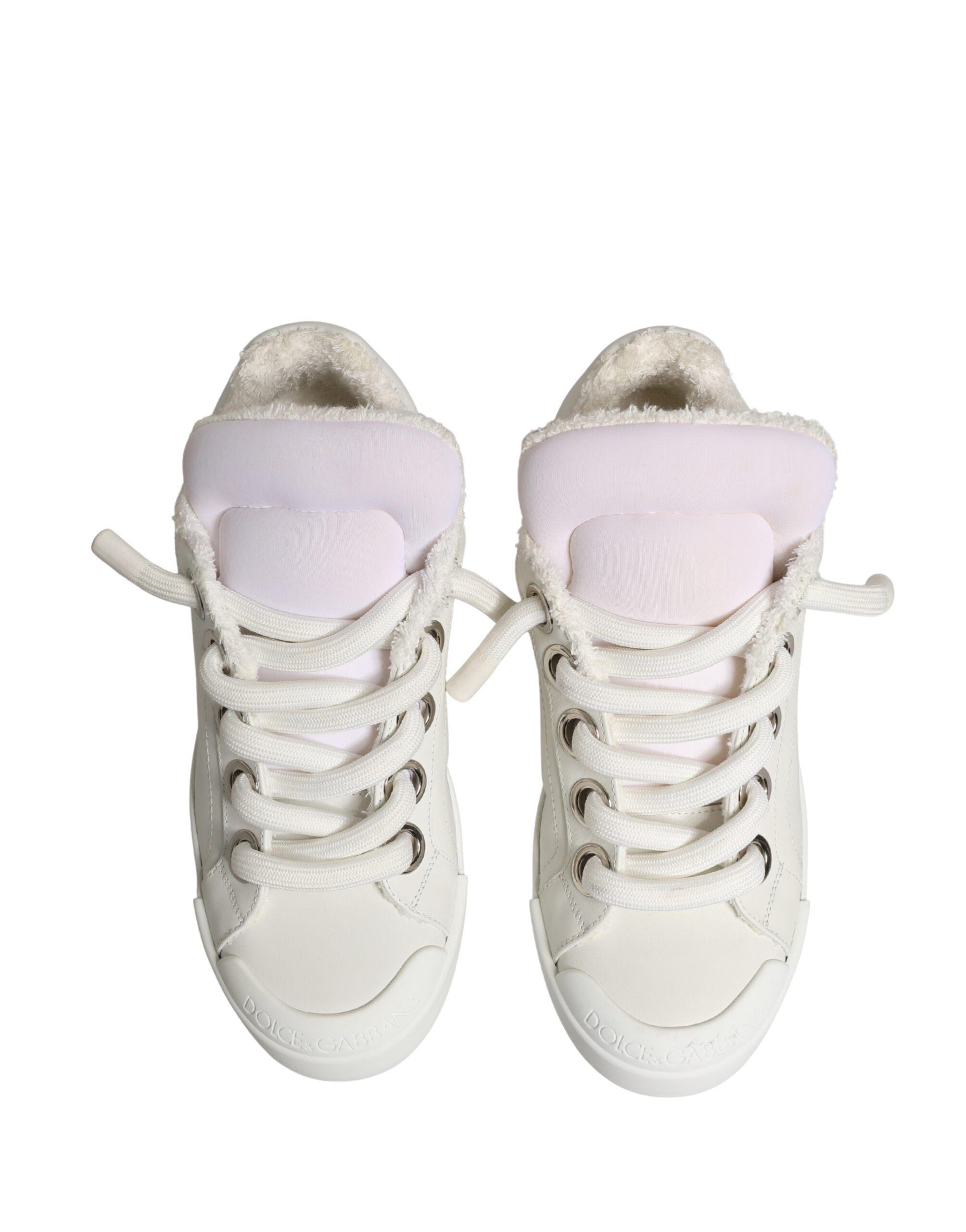 Dolce & Gabbana White Leather Shearling Fur Low Top Sneakers Shoes