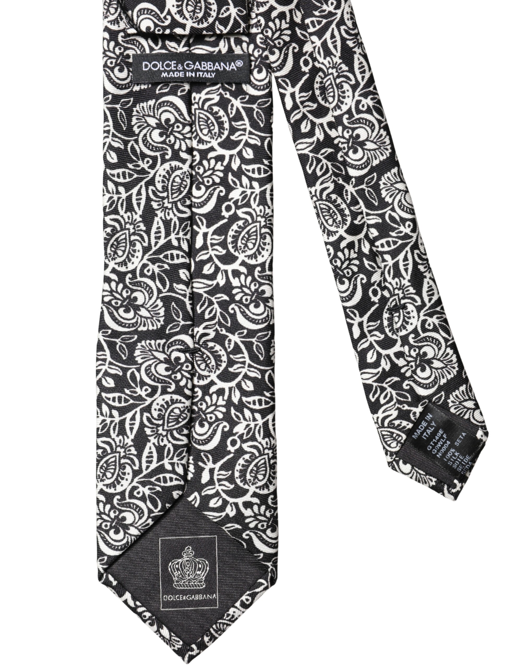 Dolce & Gabbana Black White Floral Fantasy Silk Adjustable Necktie Tie